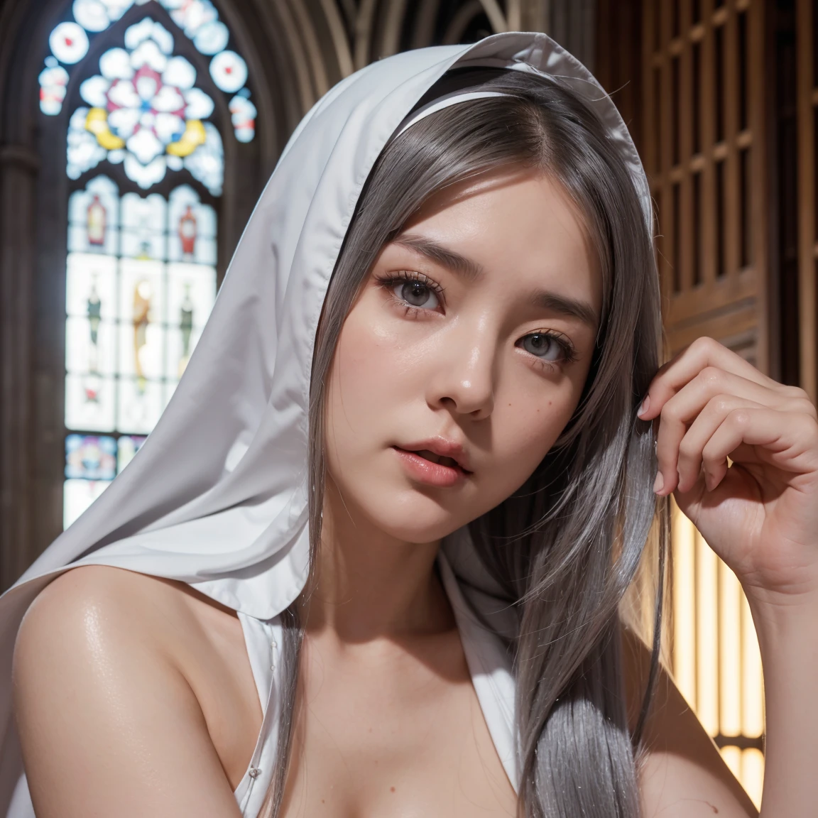 nude、Young nun, Bible, Gray Hair, church, Realistic and detailed eyes  ,  Browsing Caution,,((( She is being made to cum))),Kind Face、((Blowjob)、((Put it in your mouth))

