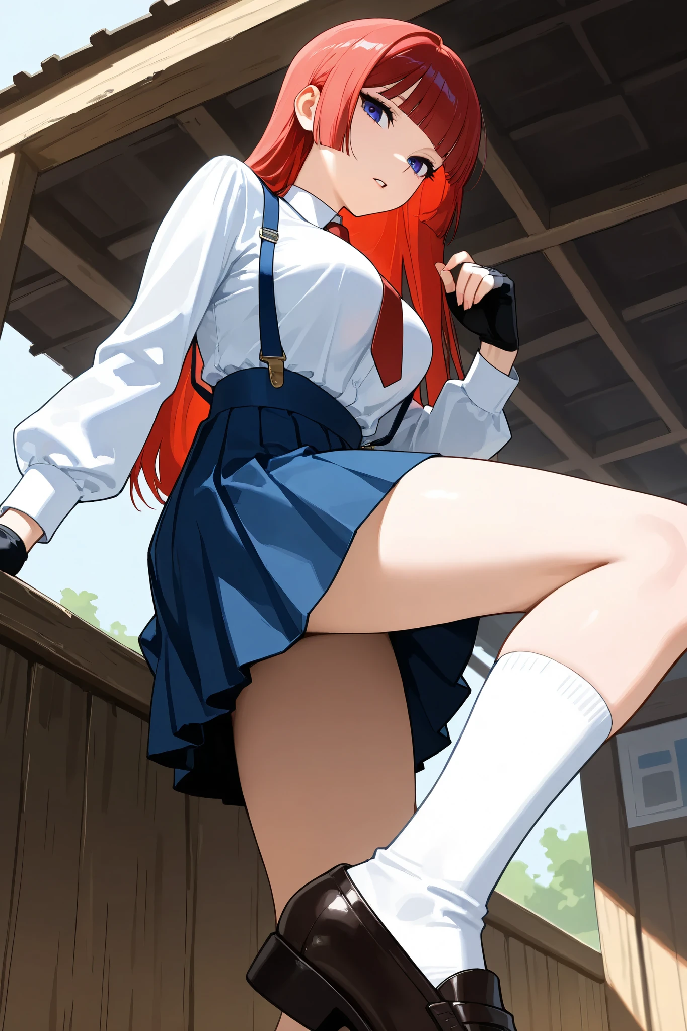 1girl, action、fight、Female criminal、low-angle view ,side view、 adult woman、blue suspenders, blue Pleated Miniskirt,white Long sleeve white blouse, loafers,black fingerless gloves,Red tie,White socks,Straight hair,Long hair ,Red Hair, blunt bangs,hand、stable_Yogis_Animetoon_Negatives