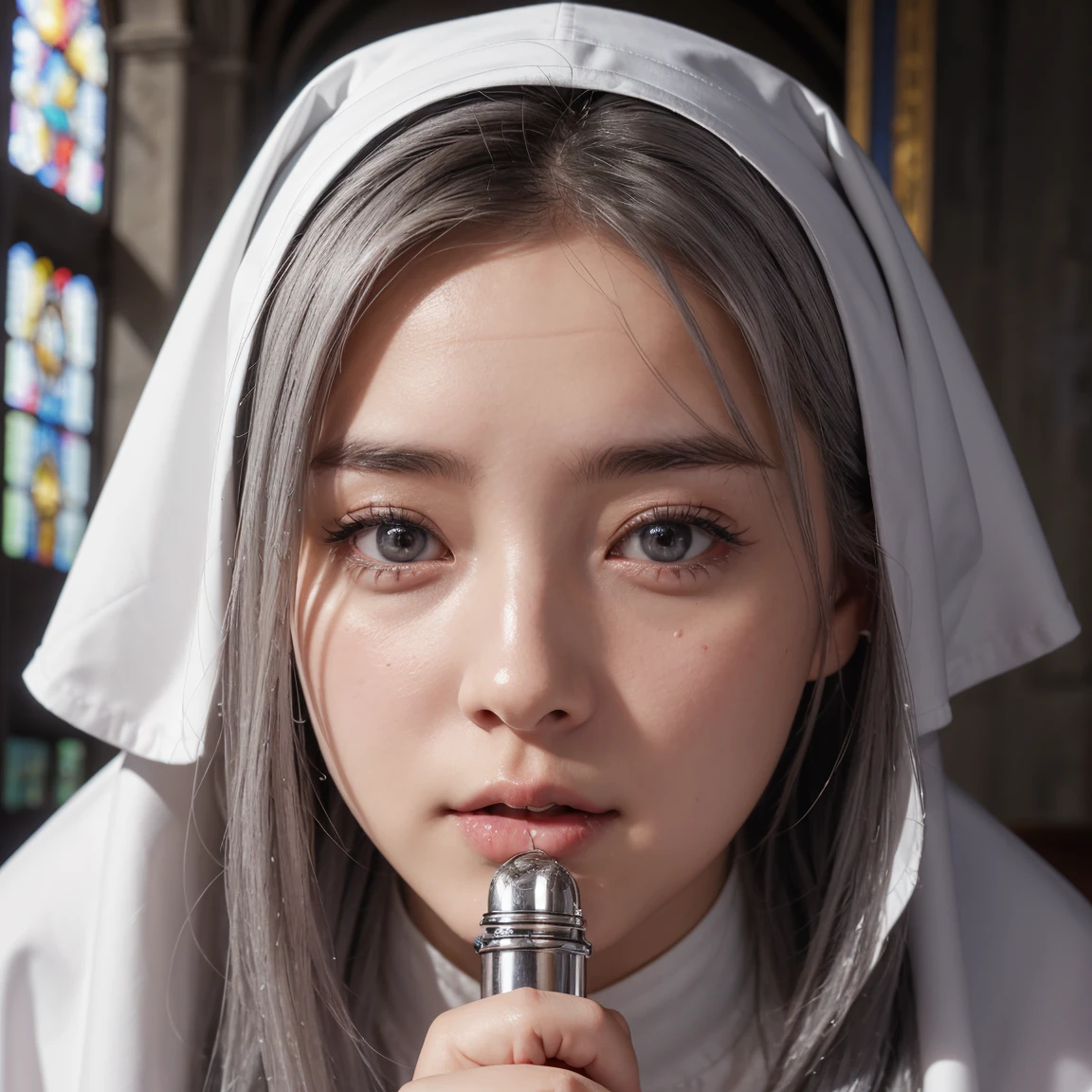 nude、Young nun, Bible, Gray Hair, church, Realistic and detailed eyes  ,  Browsing Caution,,((( She is being made to cum))),Kind Face、((Blowjob)、((Put it in your mouth))
