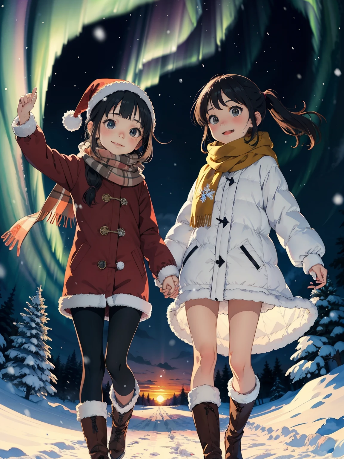   Masterpiece，  top quality，  high image quality，(  super flat ，  Flat Shading )，  fisheye lens:1.4，Beautiful petite trained young mother and 、Her Cute Trained Daughter :1.25，  warm scarf ， Christmas Anime Style Costume ，(naked)，   long hair，  boots，smile, smile，White Breath:1.2，fun, play, winter, snow, 新snow，dusk， Beautiful Sunsets ，  Aurora，Wide angle,        bright color , watercolor,   Ghibli style，Strong winds，  girl&#39;Lure，