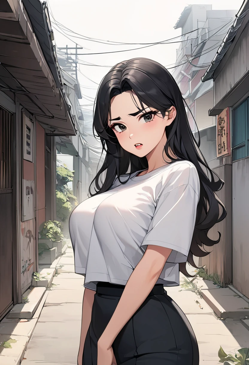 # beautiful woman  # traditional Korean beauty  # clear skin  # long black hair  #Slim face shape #Big-eyed # thin eyebrows  #Small lips  #1980s Kyungsung clothing # elegant and pure feeling  # Angry Face  # Seoul City Back Alley #Motel Village  # big boobs