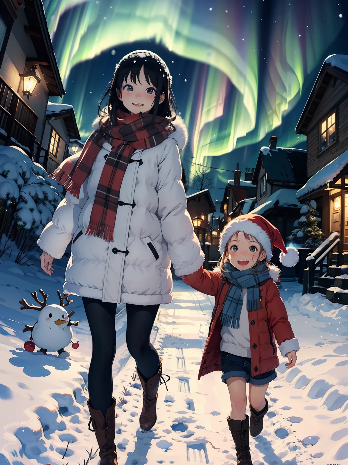   Masterpiece，  top quality，  high image quality，(  super flat ，  Flat Shading )，  fisheye lens:1.4，Beautiful petite trained young mother and 、Her Cute Trained Daughter :1.25，  warm scarf ， Christmas Anime Style Costume ，(naked)，   long hair，  boots，smile, smile，White Breath:1.2，fun, play, winter, snow, 新snow，dusk， Beautiful Sunsets ，  Aurora，Wide angle,        bright color , watercolor,   Ghibli style，Strong winds，  girl&#39;Lure，