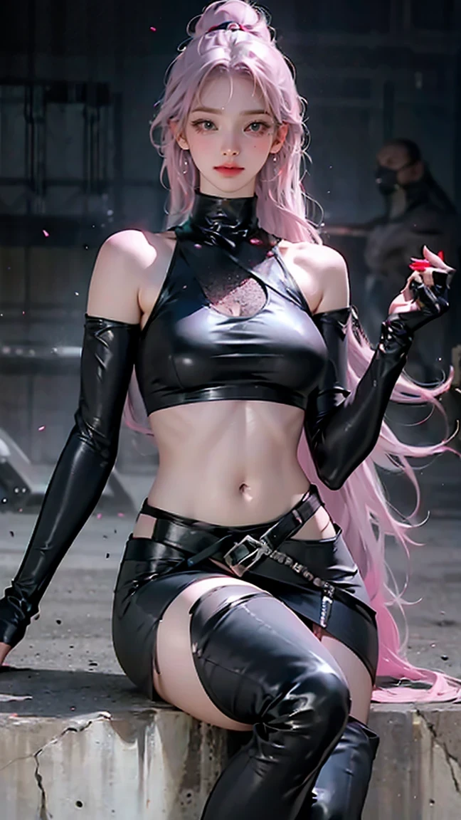 woman, Pink Grey Hair , Green Eyes, wearing a black crop top shirt, Long Black Jacket , red check skirt , ( black knee-high boots ), black fingerless gloves , exposed shoulders, (whole body), Big breasts Freckles, , abs, watch viewers, masterpiece, best quality, , Holopunk Style , (nsfw:0.8), erect nipples