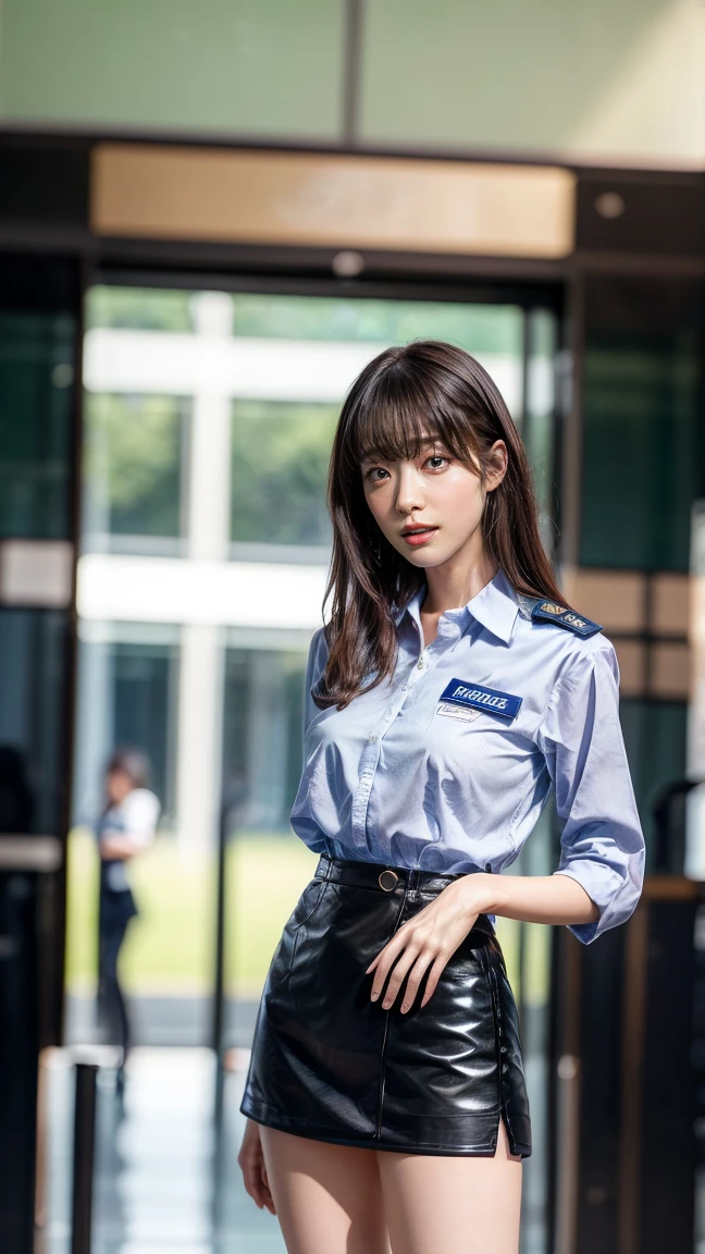 A beautiful, 24-year-old Japanese woman with perfect anatomy, healthy thighs, beautiful legs, beautiful skin, random hair color and style, large breasts, (wearing a flight attendant uniform with a mini-skirt:1.3), (she is standing:1.2), full body shot, pumps, carrying a suitcase, at the airport, (best quality,4k,8k,highres,masterpiece:1.3),(extremely detailed:1.2),realistic,photorealistic,photo-realistic:1.37,professional,vivid colors, studio lighting