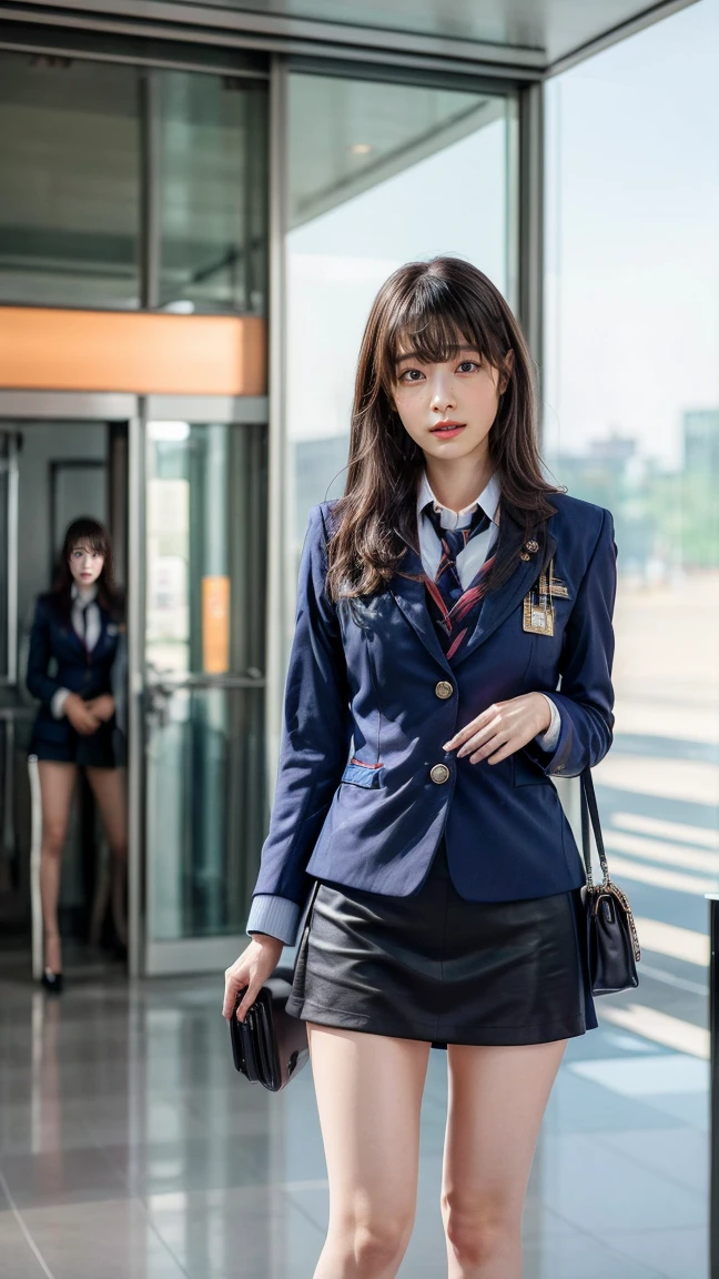 A beautiful, 24-year-old Japanese woman with perfect anatomy, healthy thighs, beautiful legs, beautiful skin, random hair color and style, large breasts, (wearing a flight attendant uniform with a mini-skirt:1.3), (she is standing:1.2), full body shot, pumps, carrying a suitcase, at the airport, (best quality,4k,8k,highres,masterpiece:1.3),(extremely detailed:1.2),realistic,photorealistic,photo-realistic:1.37,professional,vivid colors, studio lighting