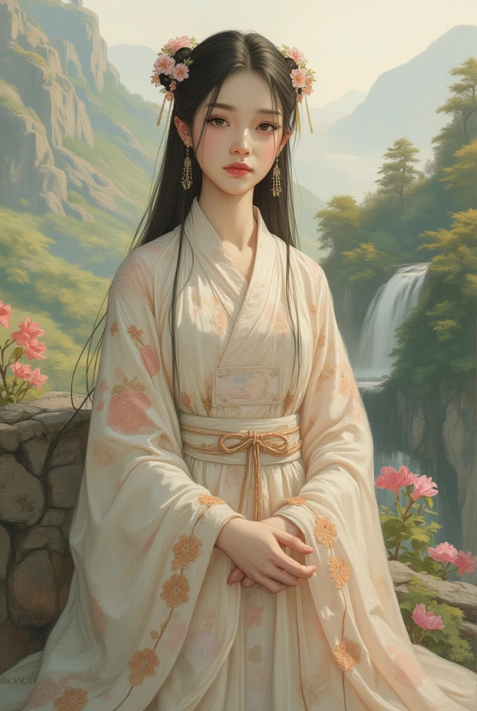 Digital painting of a young woman with fair skin in hanfu clothing 