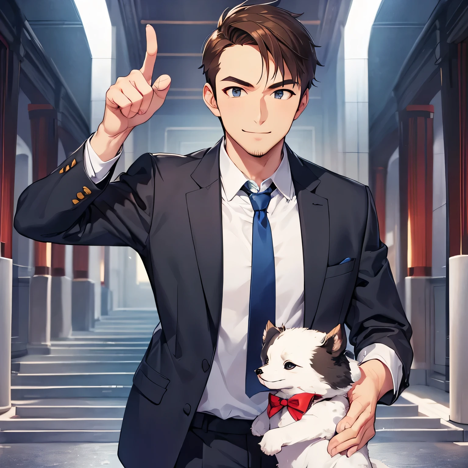 Best Picture, Best Quality, 1080p, 8K, Masterpiece, First Class, (Perfect Face), 1 Male, 30 Years, Excellent, Handsome, Japanese, Gentle Smile, Round Jaw, Short Dark Brown Hair, Gentleman, Standing, (No Beard), Fresh Smile, Dark Blue Business Suit, Gray Tie, Left Arm Straight up, Pointing, Posing