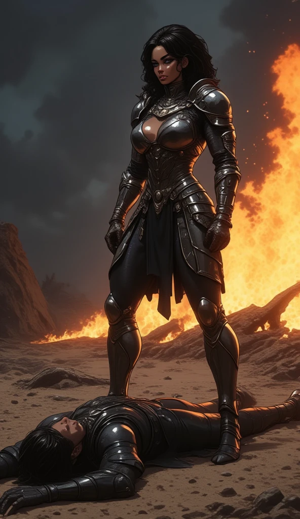 A fierce warrior woman, her armor gleaming under the flickering light of a nearby bonfire, standing triumphantly atop a defeated foe. The fallen lady lies sprawled on the cold, hard ground, her eyes brimming with desperation as she reaches up, pleading for mercy with trembling hands. The warrior's muscular leg is firmly planted over the defeated woman's chest, asserting her dominance and control. The latter's face is cast in the shadow of the warrior's looming presence, with only a glimpse of fear and resignation visible. Above, the victor's other foot hovers over the pleading woman's face, poised to press down should she dare to resist. The stark contrast of the warrior's proud, unyielding stance against the vanquished adversary's vulnerable position creates a powerful dynamic of strength and submission. The battle-scarred landscape surrounding them whispers tales of the intense combat that led to this moment, while the flaming backdrop illuminates the scene with an eerie glow, reflecting the harsh reality of the warrior's world. The caption reads: "Victory's Shadow: A warrior queen asserts her dominion, her foot poised over the pleading face of defeat."