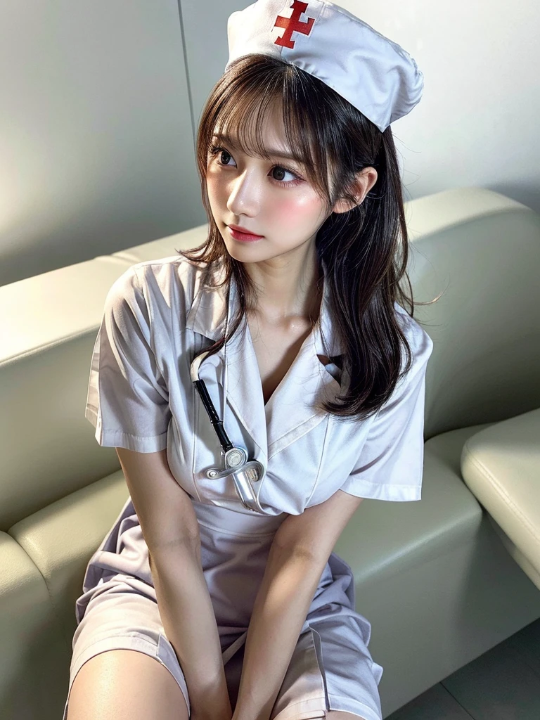 nurse uniform,nurse cap,1 girl,(Wearing white nurse clothes:1.2),(RAW Photos, highest quality), (Realistic, photo-Realistic:1.4), masterpiece, Very delicate and beautiful, Very detailed, 2k wallpaper, wonderful, finely, Very detailed CG unity 8k wallpaper, Very detailed, High resolution, Soft Light, Beautiful detailed girl, Very detailed eyes and face, Beautiful and detailed nose, finely beautiful eyes, Perfect Anatomy, Black Hair, nurse uniform, ((nurse cap)), Long skirt, nurse, White costume, thin, hospital, clear, White Uniform, hospital room, Neck auscultation,