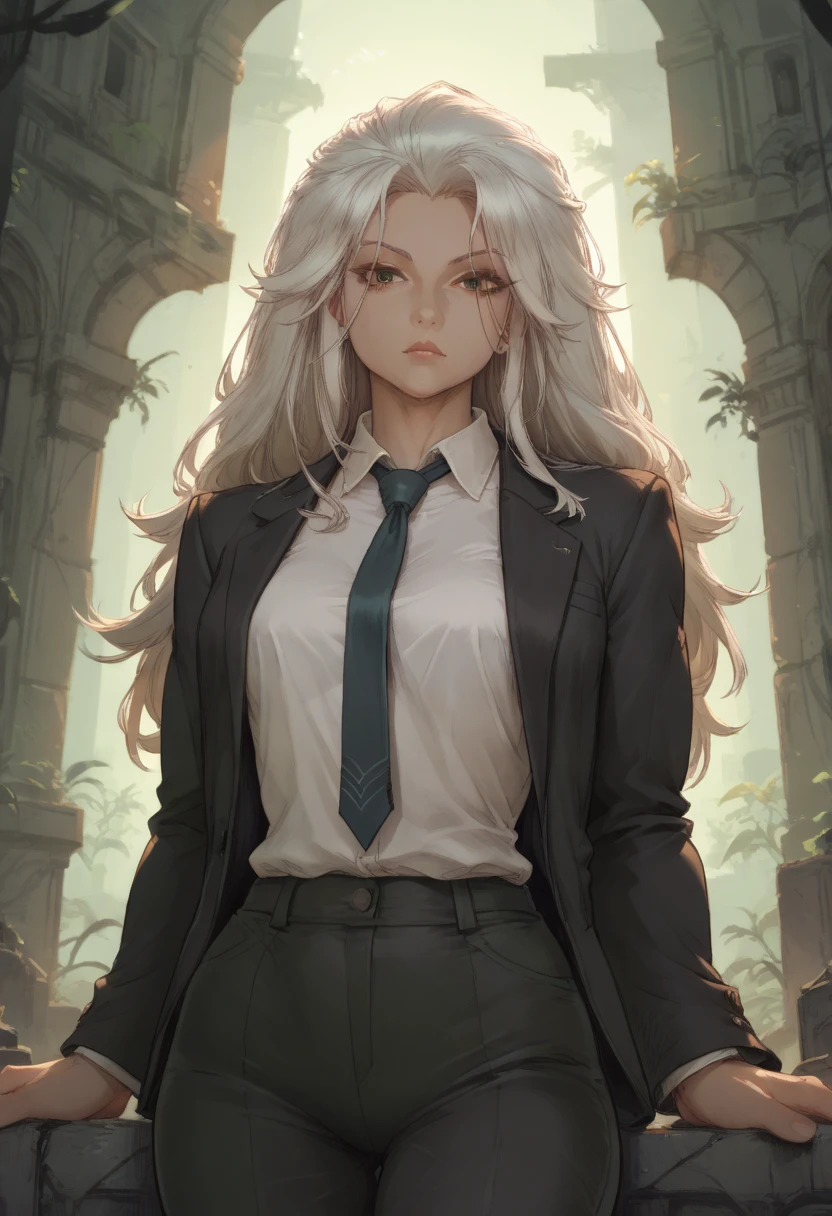 score_9, score_8_up, score_7_up,score_6_up,high resolution,qhayastyle,noi,long hair,white hair,muscular female,1girl,ruins,rim lighting,dof,solo,pov,front view,suit,tie,jacke,pants,green background