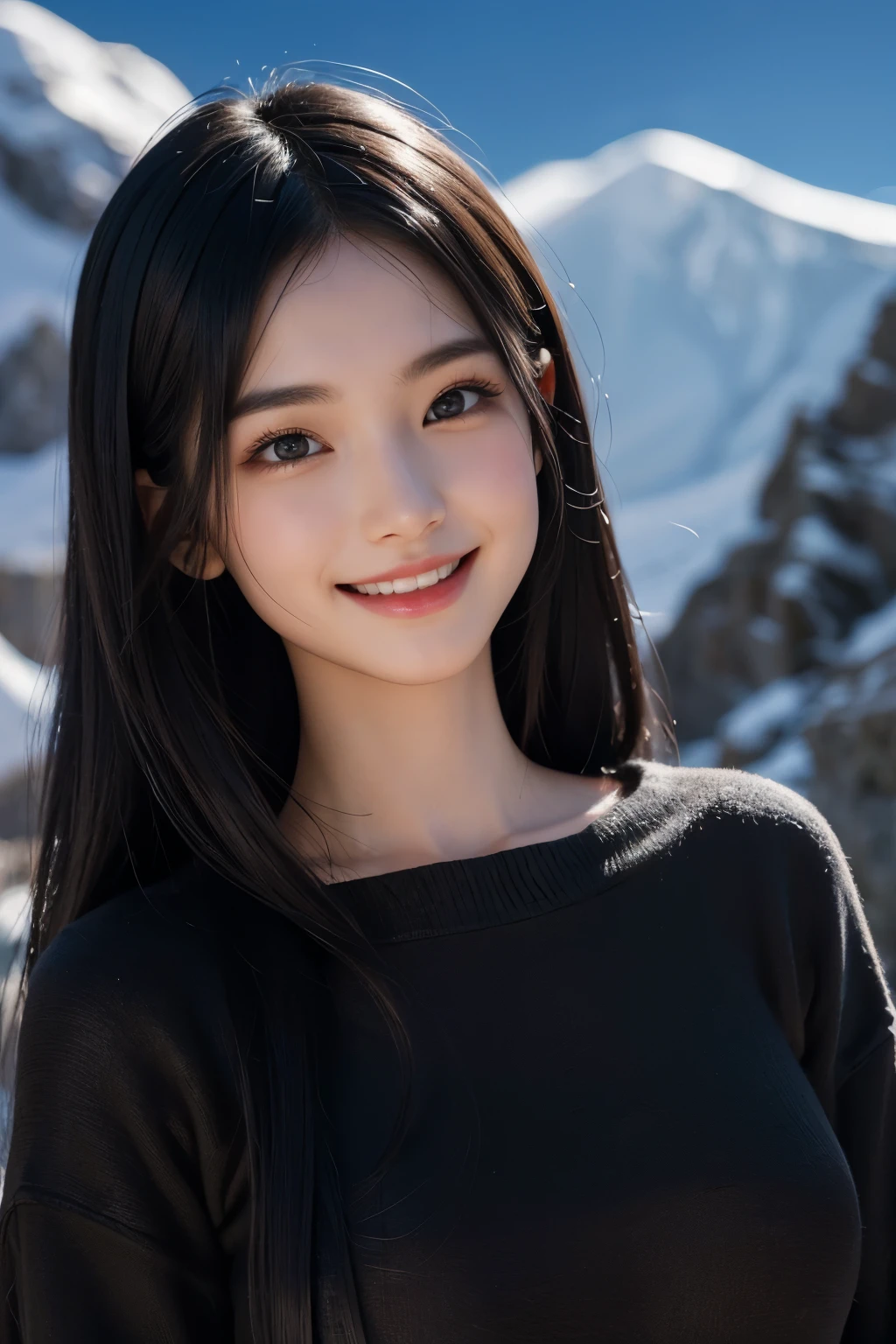 (ultra Realistic) , (illustration), (Enhance resolution), (8k), ( Extremely Detailed), ( detailed face ), Black Straight Hair, Slim Body, in the dark , deep shadow, low profile, pureerosfaceace_v1, Happy smile, Winter, Mountain