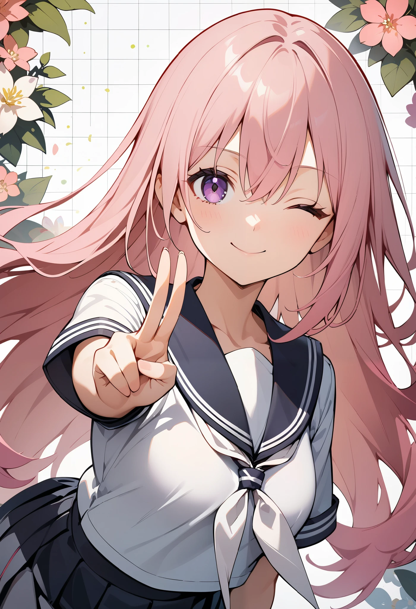 best quality, amazing quality, great quality, absurdres, 1girl, solo, pink hair, purple eyes, hair between eyes, long hair, black sailor collar, black skirt, school uniform, serafuku, white neckerchief, standing, v, upper body, looking at viewer, floral background, one eye closed, smile, closed mouth, grid background,