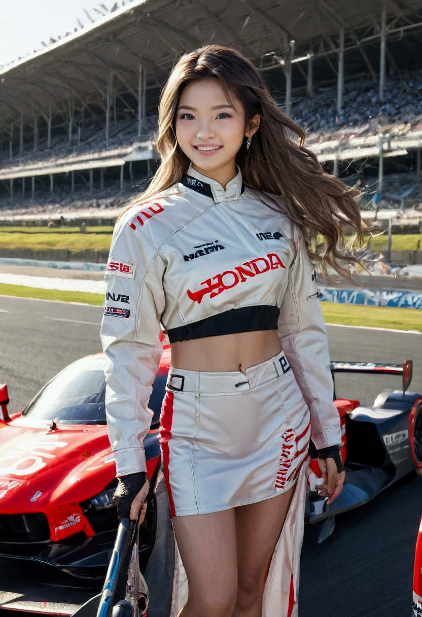 (Photorealism, extreme realistic, masterpiece, best quality, beauty, best ratio, best shadows,best Illustration, wallpaper size,1080×2400 pixels,detailed face,1 girl,  japanese theme, detailed costume,8k) 


A realistic racing scene featuring female ( golden ratio face, big eye ,grey color hair) japan supermodel characters hand holding umbrellas. They are standing beside to a  red an dark blue F1 "HONDA"  car on the track with "HONDA RACING" printed on car body. The Indonesian and honda racing flags in the background, full racing sponsor in digital screen and a clear golden hour sky. The female supermodels are dressed in stylish racing-themed attire sporty detailed outfits, with vibrant colors racing sponsor patchand intricate sharp color designs. Digital race signal. high definition, high contrast,high color satu,cinematic lighting