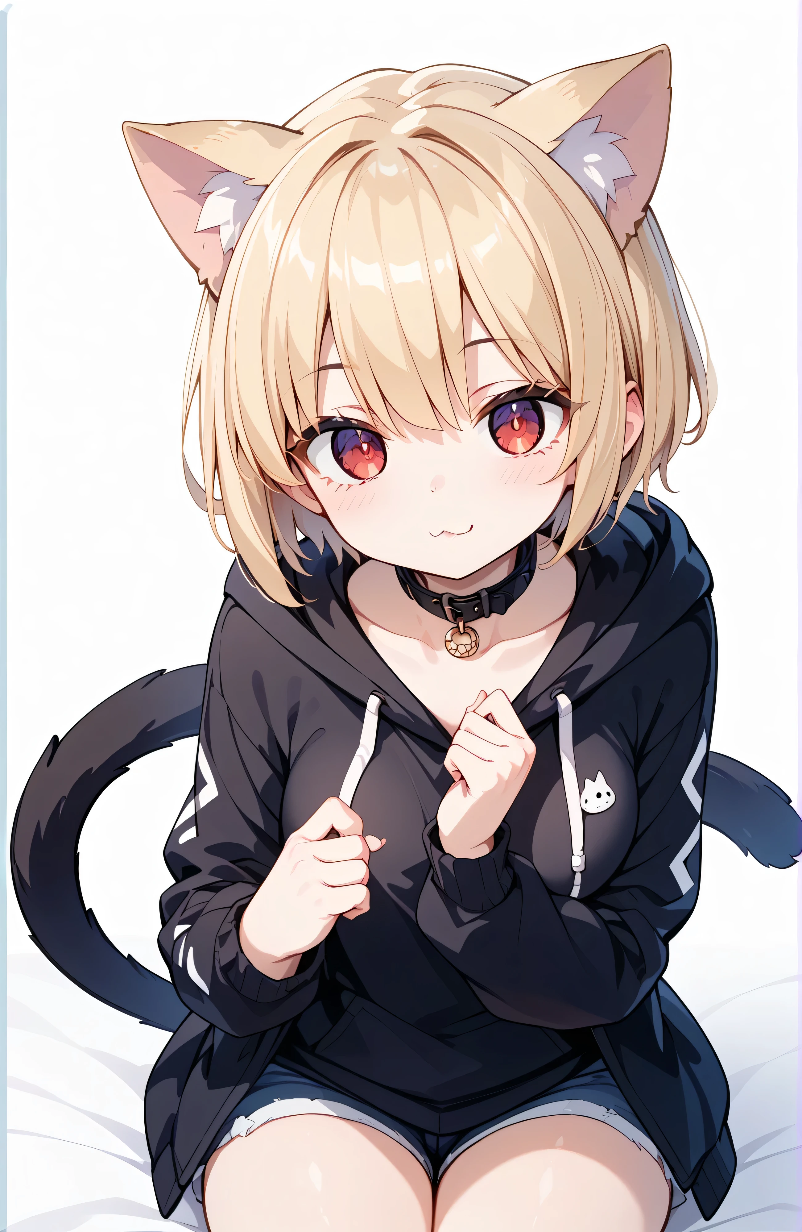 8k、best quality、 highres icon、ultra detailed、、 face forward、 viewers who stop at the edge、 one girl、cute、Blonde、 short hair、 cat ears the same color as hair
BREAK
red eyes、clean eyes
BREAK
Black collar 、plain purple hoodie、 hot pants、 white background