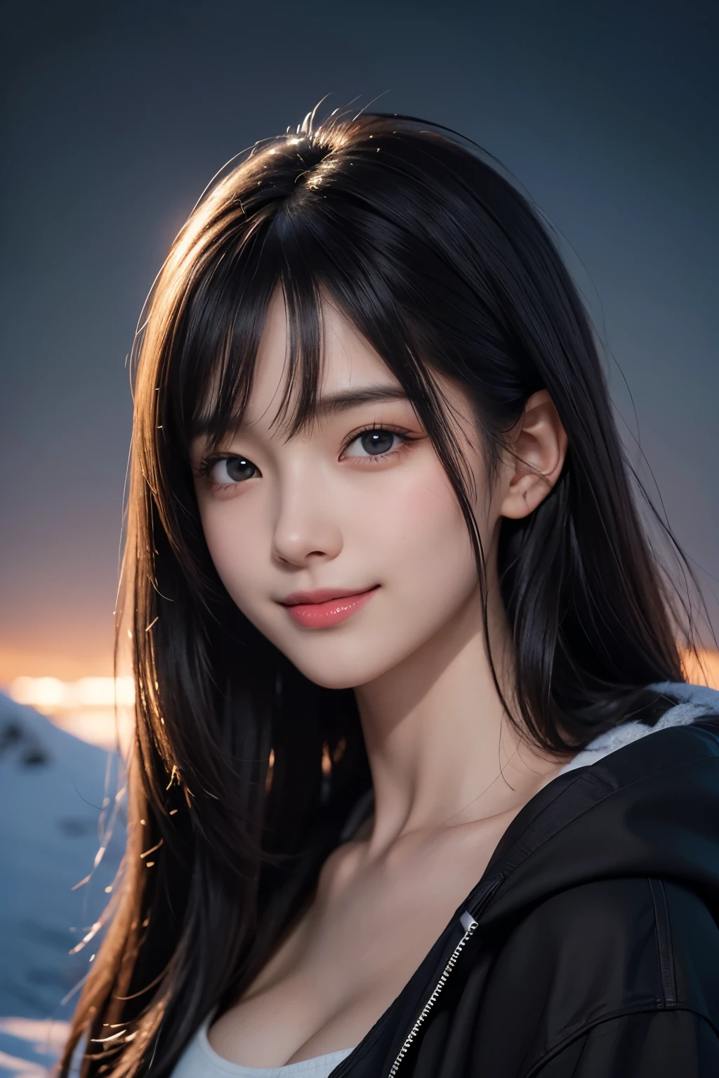 (ultra Realistic) , (illustration), (Enhance resolution), (8k), ( Extremely Detailed), ( detailed face ), Black Straight Hair, Slim Body, in the dark , deep shadow, low profile, pureerosfaceace_v1, Happy smile, Winter, Mountain