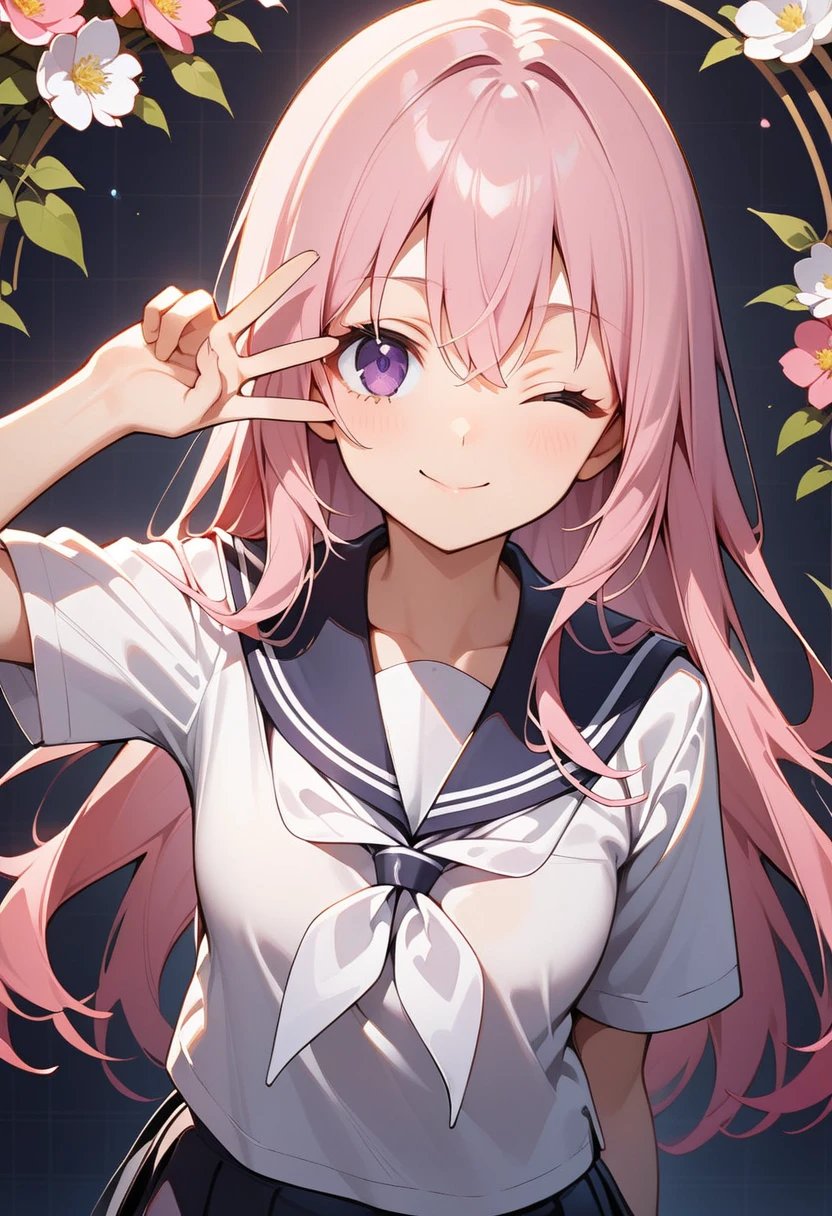 best quality, amazing quality, great quality, absurdres, 1girl, solo, pink hair, purple eyes, hair between eyes, long hair, black sailor collar, black skirt, school uniform, serafuku, white neckerchief, standing, v, upper body, looking at viewer, floral background, one eye closed, smile, closed mouth, grid background,