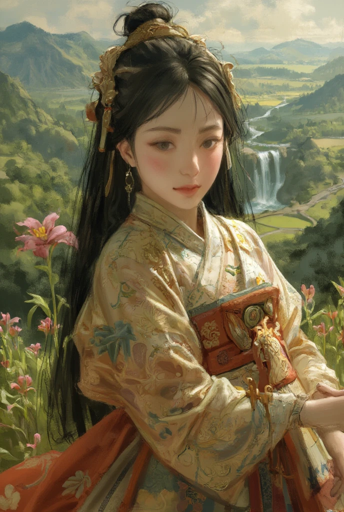 Digital painting of a young woman with fair skin in hanfu clothing 