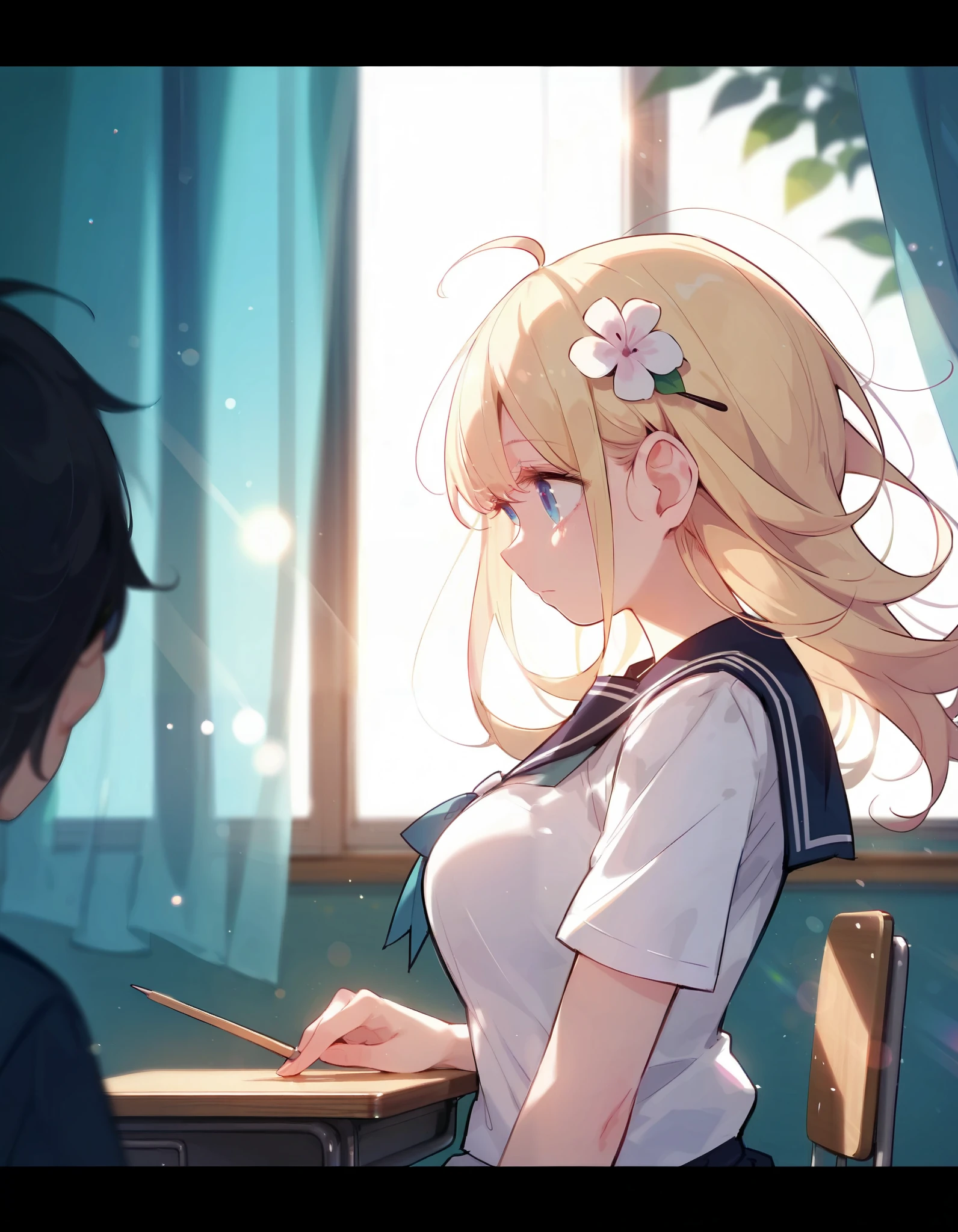score_9,score_8_up,score_7_up, masterpiece,ultra-detailed CG illustration,top quality, best quality, 1girl,upper body,serafuku,short sleeves shirt,white shirt,petite,classroom,hairpin,elbows support,hair flower,blue eyes,blonde hair,long hair,curly hair,student,large breasts,bangs,hair over face,messy hair,sitting on chair by window,sunlight,light particles,light rays,backlighting,silhouette,facing away,flowing curtains,floating curtains,from side,lie on the desk,ahoge,long eyelashes,looking away