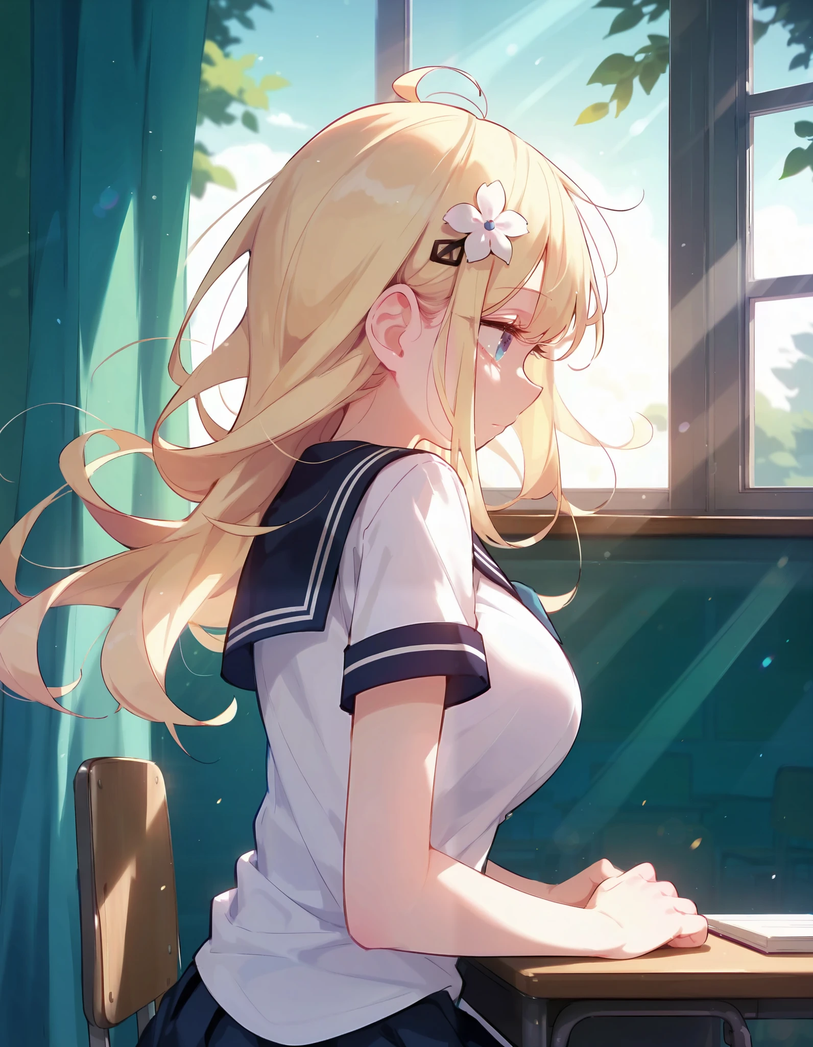 score_9,score_8_up,score_7_up, masterpiece,ultra-detailed CG illustration,top quality, best quality, 1girl,upper body,serafuku,short sleeves shirt,white shirt,petite,classroom,hairpin,elbows support,hair flower,blue eyes,blonde hair,long hair,curly hair,student,large breasts,bangs,hair over face,messy hair,sitting on chair by window,sunlight,light particles,light rays,backlighting,silhouette,facing away,flowing curtains,floating curtains,from side,lie on the desk,ahoge,long eyelashes,looking away