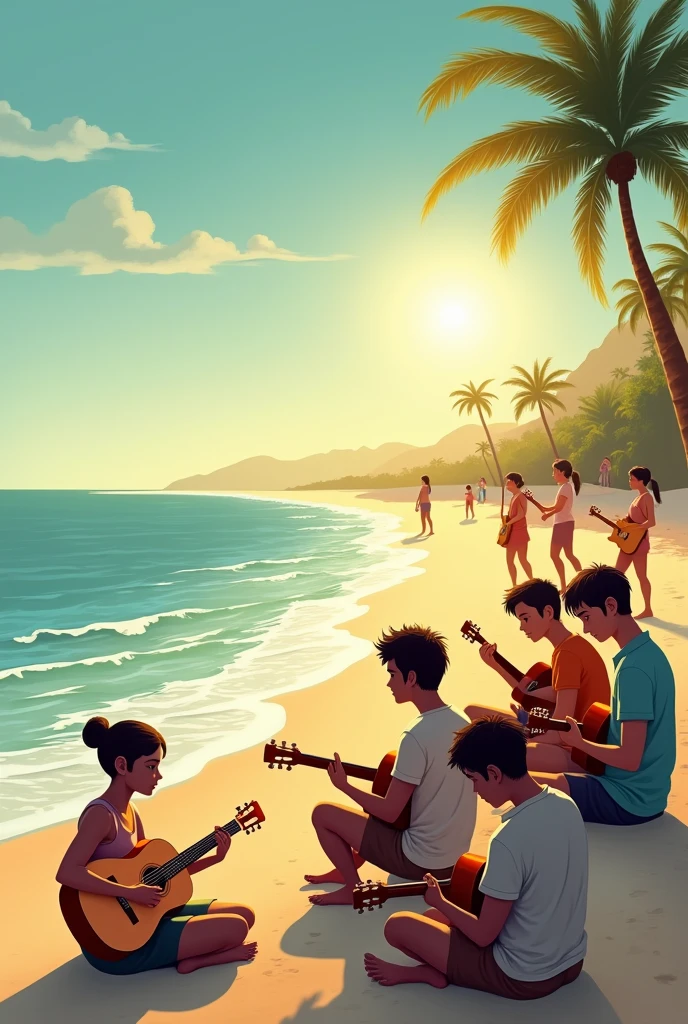 4K 16:9 Image: A lively Jamaican reggae scene unfolds before you, with the warm sun setting over a tranquil beach. The vibrant color palette is filled with shades of orange, green, and yellow, conveying a sense of joy and relaxation. In the foreground, a group of musicians is gathered around a bonfire, playing their instruments with passion and rhythm. Their disheveled dreadlocks sway gently in the breeze, and their joyful expressions light up the scene.
In the background, palm trees dance in the gentle breeze, and the waves crash against the shore, creating a soothing and harmonious sound. A clear blue sky adorned