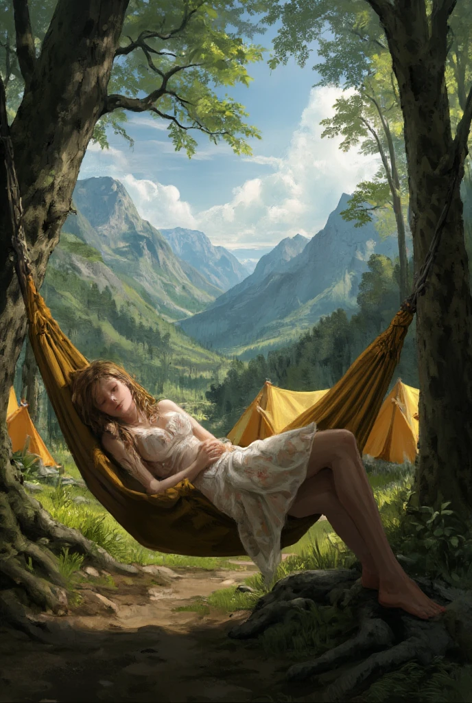 masterpiece, hi-res, girl,sleeping in hammock, nightgown, (travel lady), woods, trees, mounts, tents, picnic, adventure  