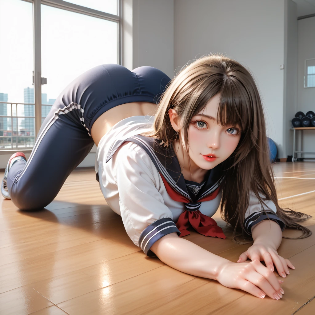 masterpiece, best quality, 8k, highres, ultra-detailed, (realistic:1.37), (photorealistic:1.37), HDR, UHD, studio lighting, ultra-fine painting, wide shot,ground shot,beautiful girl,solo,fullbody,on all fours, top-down bottom-up,split leg forward bend, school sailor, jersey pants,gymnasium background