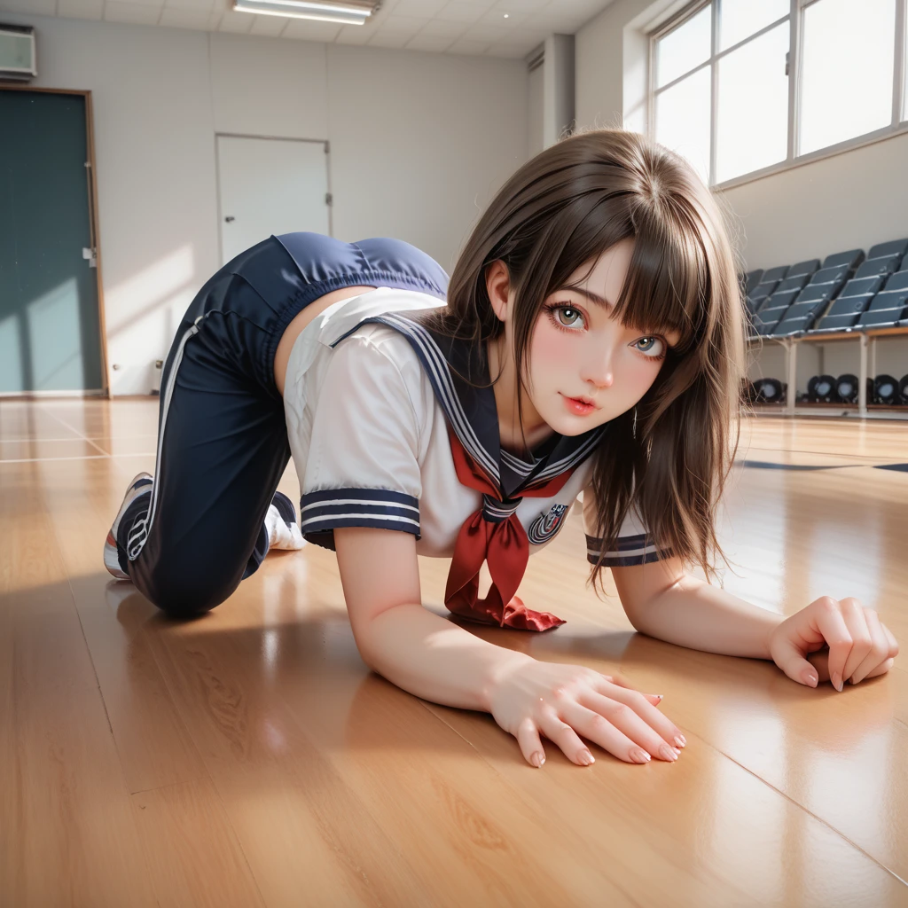 masterpiece, best quality, 8k, highres, ultra-detailed, (realistic:1.37), (photorealistic:1.37), HDR, UHD, studio lighting, ultra-fine painting, wide shot,ground shot,beautiful girl,solo,fullbody,on all fours, top-down bottom-up,split leg forward bend, school sailor, jersey pants,gymnasium background