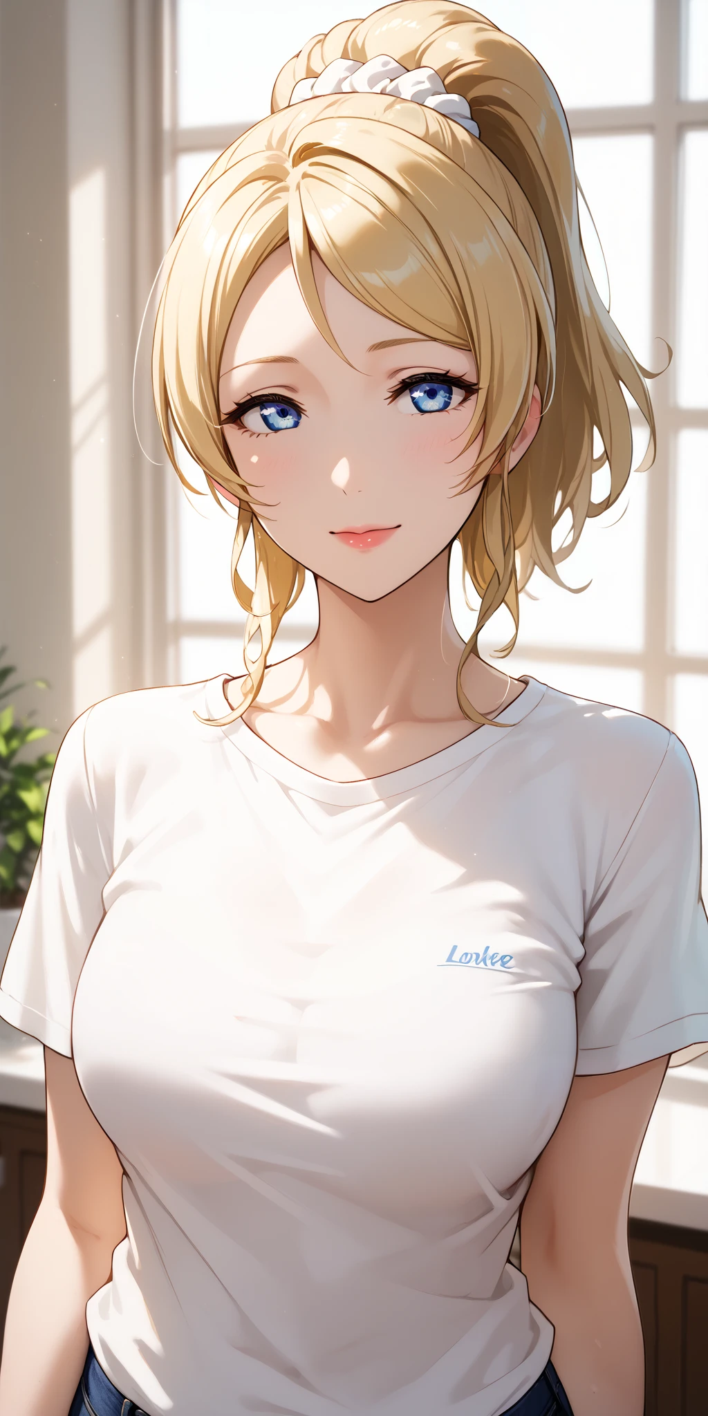 Score_9, Score_8_up, Score_7_up, Source_anime, 4k resolution, very aesthetic, masterpiece, high quality, 1girl, mature woman, milf, curvaceous, lovelive_eli, blonde hair, swept bangs, ponytail, white scrunchie, blue eyes. A portrait of a housewife in her 30s or 40s, dressed in simple, casual clothes like a slightly loose t-shirt with a bit of visible cleavage. Her body is natural and slightly imperfect, exuding warmth and authenticity. She has a kind and relaxed expression, with a homey and cozy kitchen in the background. The lighting is soft and natural, emphasizing her approachable charm