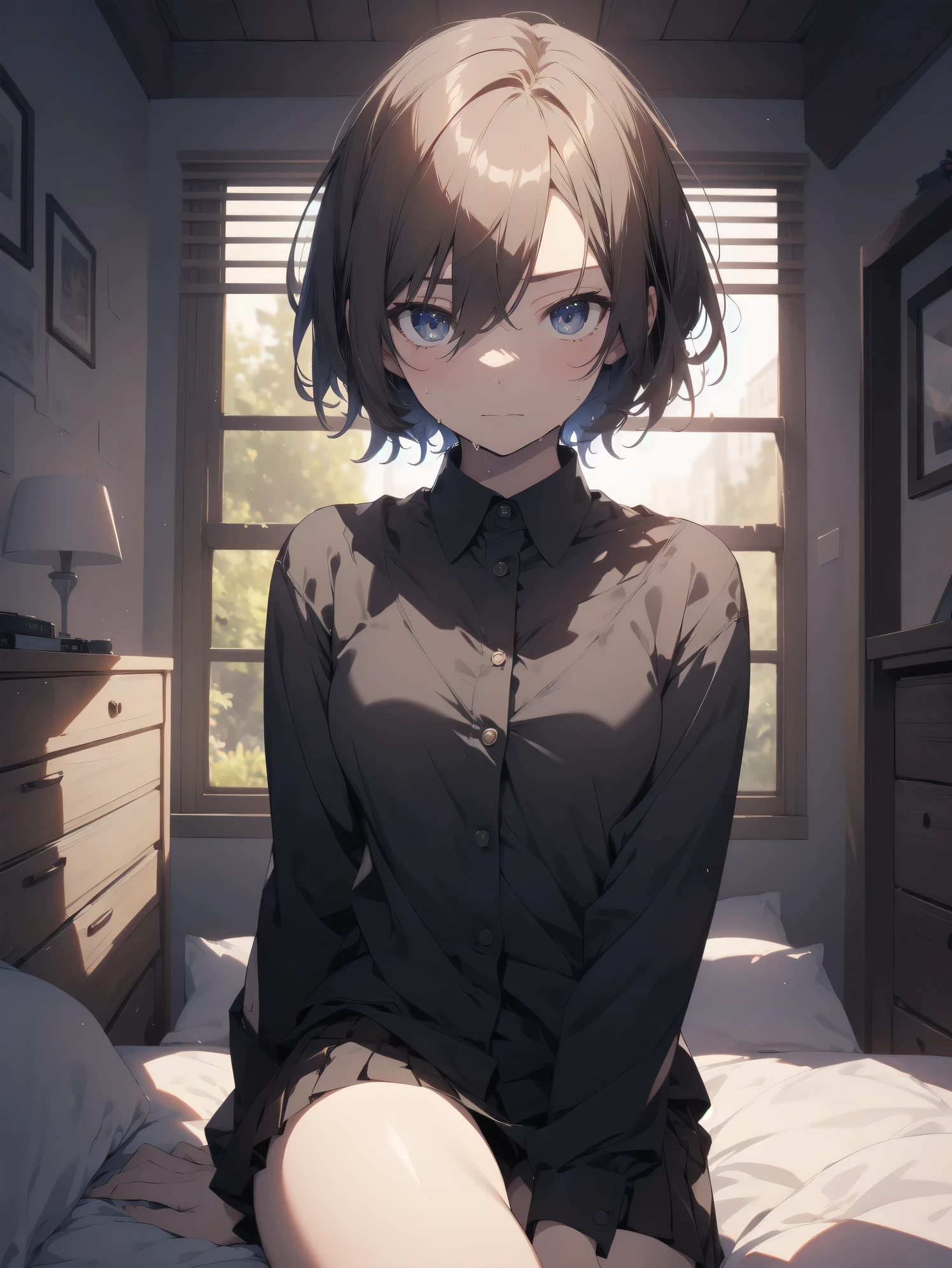 ultra-absurdres-Top quality by artist God, ultra-detailed, high resolution, anime moe artstyle, best anime 8k konachan wallpaper, pixiv contest winner, JAV cover, perfect anatomy,break, 1girl, (Please draw a girl sitting sleepily on bed. )break,(Solo,little female,tomboy, 9-year-old:1.3),Full limbs, complete fingers,a junior high school student, (very short hair), short cut,  Soft flat chest,groin, small butt, small black eyes, beautiful detailed eyes, well-proportioned iris and pupils, expressive eyes, highres detailed hair, sweat, soft expression,white shirt,collared shirt, pleated skirt, soft thighs, heavy breathing, (Detailed Lighting), (Detailed background),Sexual beds, in the bedroom. break,super detailed skin, shiny skin, Best sexuall lighting powered by famous artist, 8k,beauty illustration,photoshop_(medium),very aesthetic,break,((artist:yuureidoushi_(yuurei6214) )), artist:fujiyama, artist:carnelian, artist:kantoku,

