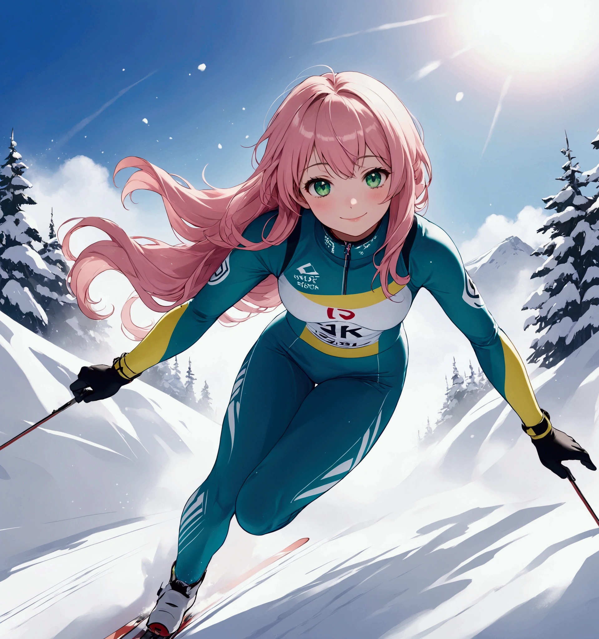  top quality、8k、Representative Works:1.3、 girl、1 person、1 personで、 petite and glamorous body 、curve、 cute、She smiles quietly 、beautiful long pink blond hair fluttering in the wind、 beautiful emerald green eyes 、 ski sprint/ ski sprint/Running up a snowy slope , Low Angle Shot ,