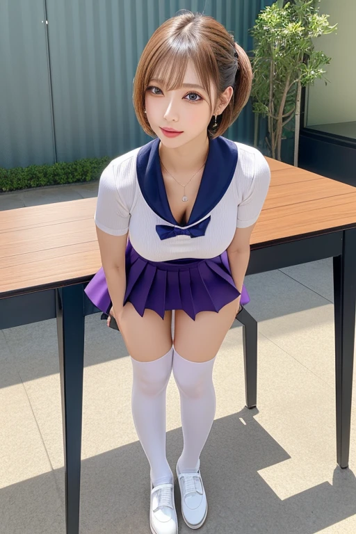 (NFSW:1.3), ((masterpiece)), ((Highest quality)), (Very detailedな), ((cute)), cute, (Multi-point), ((sexy)), (device), ((Very detailed)), 4K, (8k), Highest quality, (beautiful), hyper cute face, shape, Anime Style,hyper Genuineistic, Genuine, Dynamic Angle, ((whole body)), close, Thick outline, Clear contours, at school, (1 girl, cute girl:1.5), (Schoolgirl uniform :1.5), beautiful light brown hair, beautiful brown eyes, ((beautiful eyes)), (Squat with your crotch wide spread, Look forward, Showing off a very small purple thong:1.5), short hair, (Huge saggy breasts), Big cleavage,shoes, smile