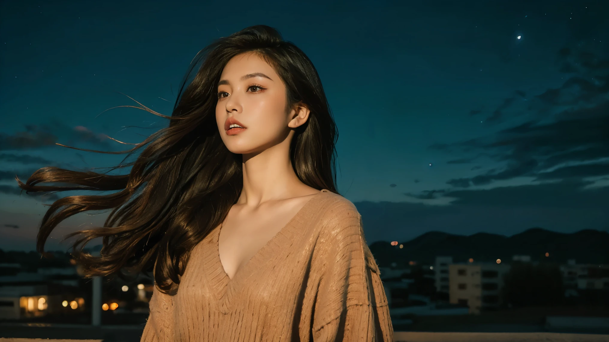 1 woman,Alone, long hair,black dress, realistic,lips,parted lips, cowboy shot ,night, blurry background ,Zitome,floating hair,