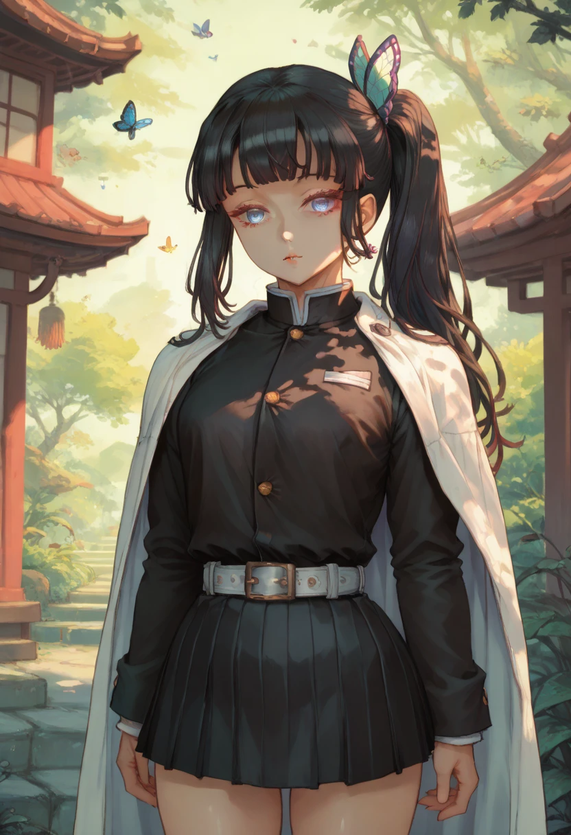 (masterpiece, best quality, ultra detailed, absurdres:1.5), 1girl, 1 girl, (sexy, beautiful woman, perfect face, perfect eyes, perfect female body:1.5), (kanaodef, black hair, long hair, blunt bangs, bangs, hair ornament, bug, butterfly, side ponytail, butterfly hair ornament, skirt, long sleeves, jacket, black jacket, pleated skirt, belt, black skirt, knee, buckle, sheathed, belt buckle, white belt, cape, white cape, demon slayer uniform, kimetsu no yaiba, ), (standing, outdoors, dojo in background), perfect lighting, smooth, hdr