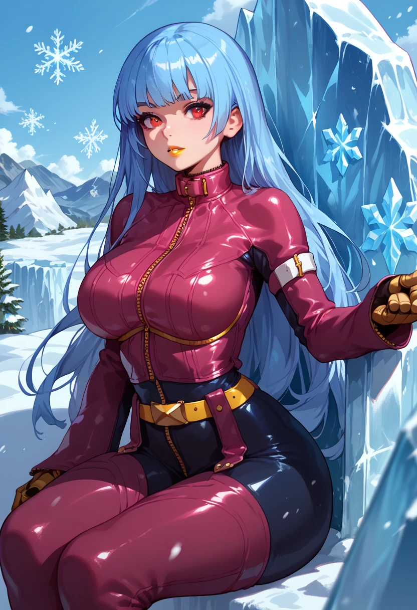 yellow lipstick, anime style, kula, wide hips, shiny skin, shiny hair, iceberg, snow, snowflakes, big breasts, sitting on an ice throne