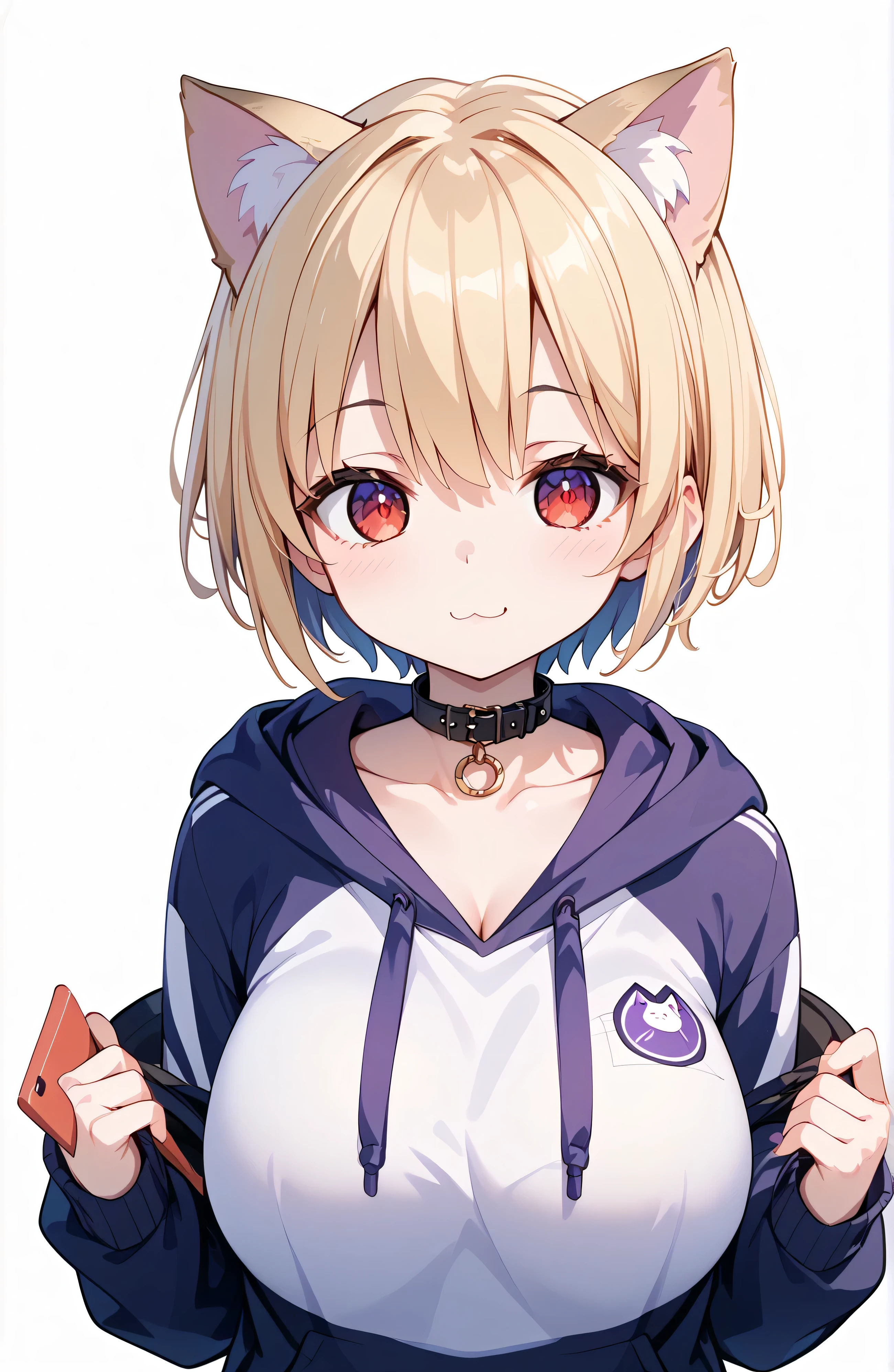 8k、best quality、 highres icon、ultra detailed、、 face forward、 viewers who stop at the edge、 One Girl 、cute、Blonde、 short hair、 cat ears the same color as hair
BREAK
red eyes、clean eyes
BREAK
Black collar 、plain purple hoodie、 hot pants、 white background 