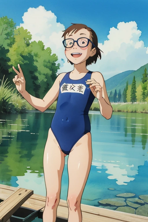 ( super flat,  Flat Shading), 1 person，，baby face， very short， toddler figure ， Very Small Flat Chest， swollen areolas， very thin limbs， thin thighs ， Navy School Swimsuit， Name tag on chest，Camping along the river，Jumping into the river，Urine stains:1.2，Glasses，smile，， I'm a little shy ，Midsummer， blue sky，Cumulonimbus， bright ，from below， bright 色，watercolor，Ghibli style， Accurate and Detailed Female Fingers ，