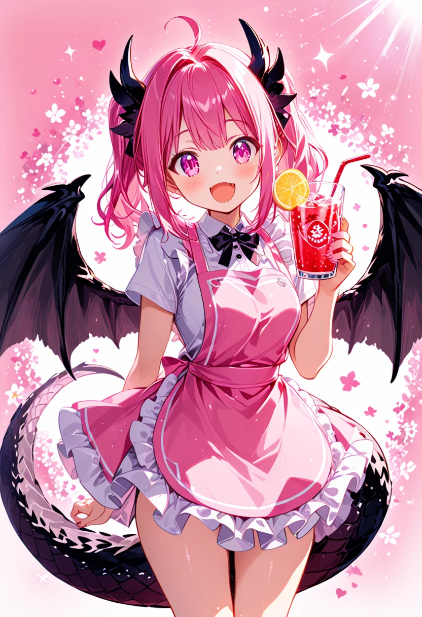 1girl ,apron, dragon tail, black wings, cute, happiness, open mouth, pink theme, funny, drink