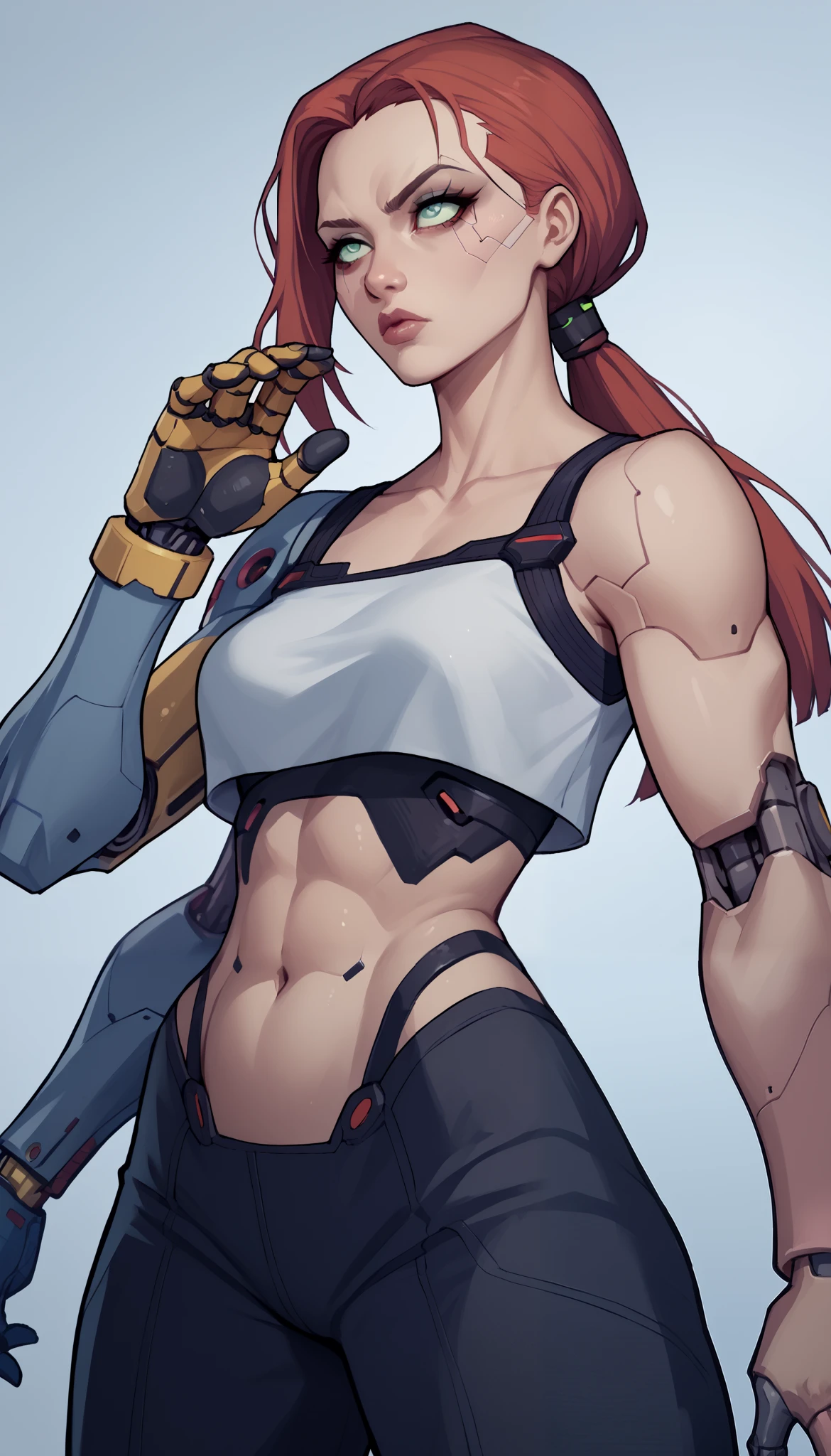 adult, girl face, serious face, anger, angry, hair: mohawk, bangs, robotic parts, cybernetic, futuristic, cyberpunk, perfect body, fit body, muscular, small chest, big arms, broad shoulders, thighs, cargo pants, gloves, military shirt, background: gym, pose: looking back