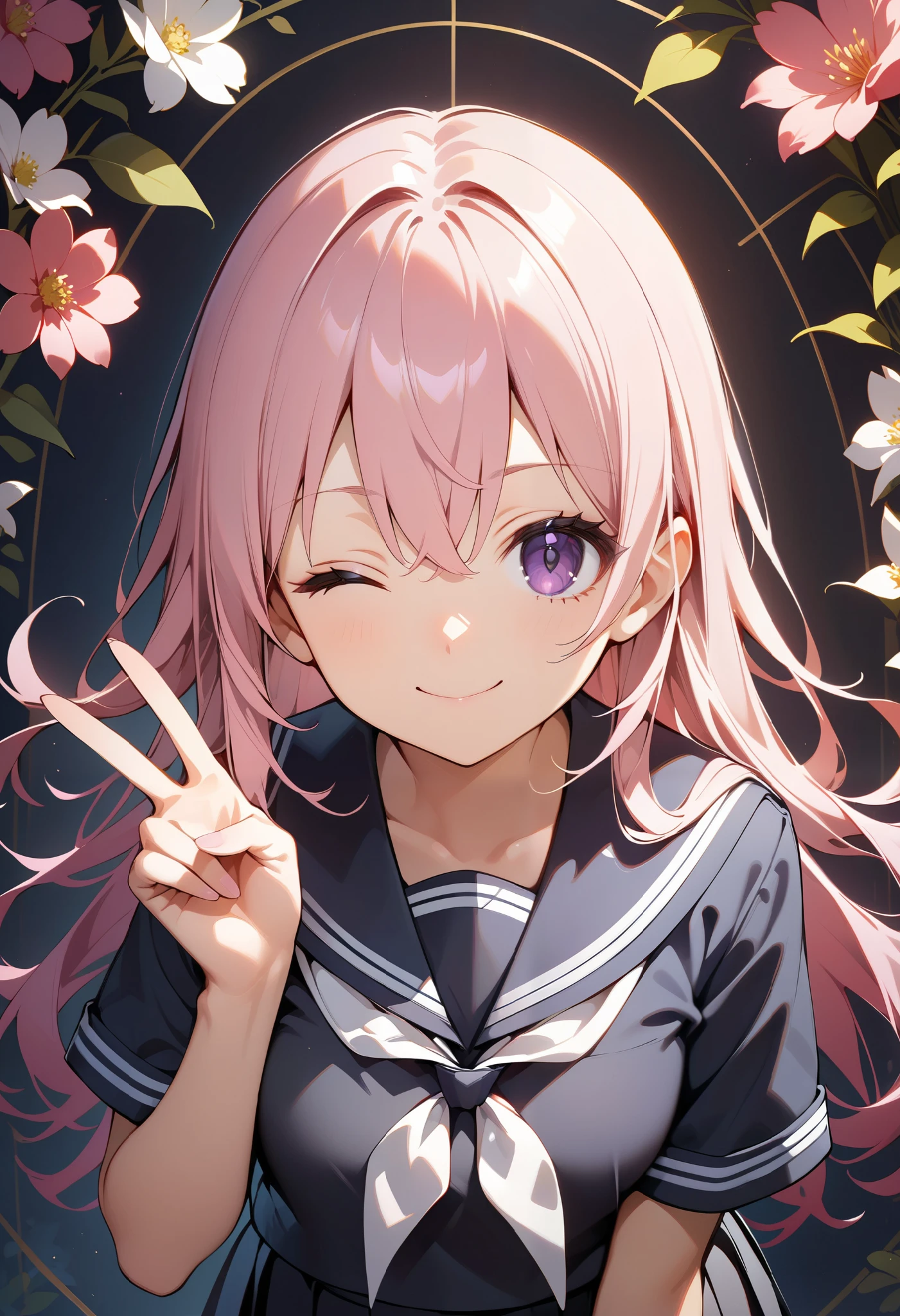 best quality, amazing quality, great quality, absurdres, 1girl, solo, pink hair, purple eyes, hair between eyes, long hair, black sailor collar, black skirt, school uniform, serafuku, white neckerchief, standing, v, upper body, looking at viewer, floral background, one eye closed, smile, closed mouth, grid background,