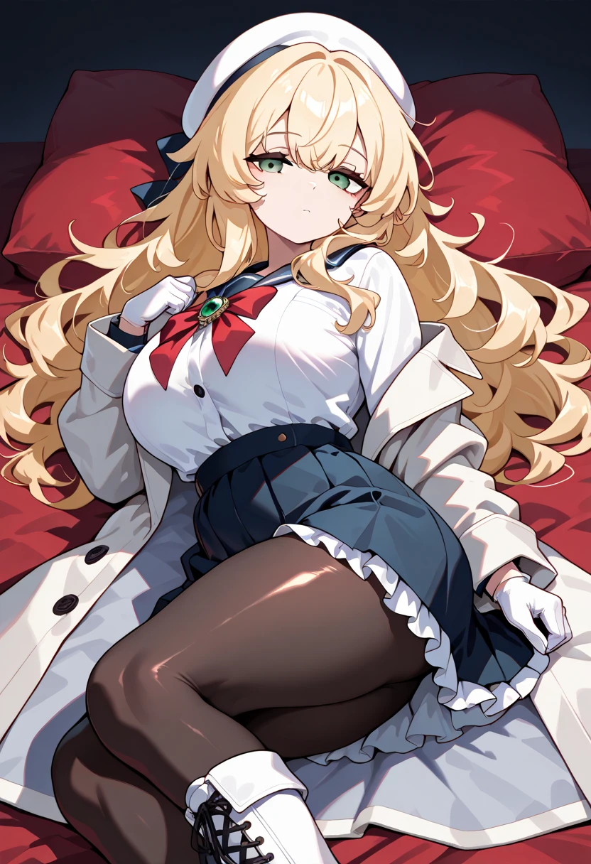 masterpiece、 Max Image、 High Quality 、Perfect piece、HD,１６k、 No Emotion、Emotionless、lying on one’s back, from side、Narrow eyes、Emotionlessな瞳、 shiny skin、Plump、 long breasts、 Super Big Breasts 、long hair, messy hair, sidelocks, green eyes, blonde hair,  serafuku, ribbon, brooch, coat, frills, hat, gloves, pantyhose, white footwear, cross-laced footwear,there