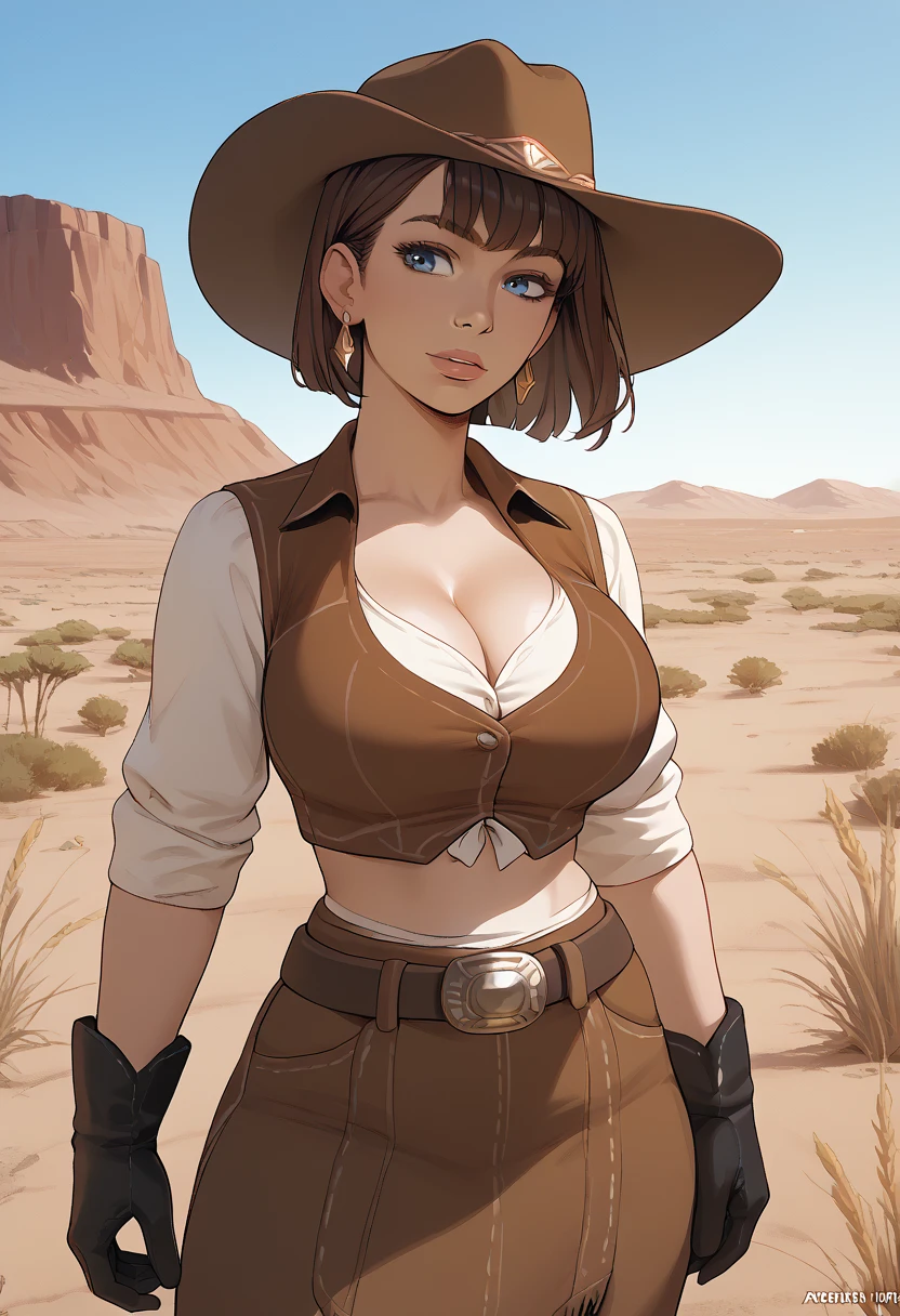 Cowgirl, brown t-shirt, midriff, midriff jacket, cowboy hat, sexy 30 year old woman, (outdoor, mountain, sand, dust), naked from down, naked pussy, ((medium breasts)), ((brown hair))