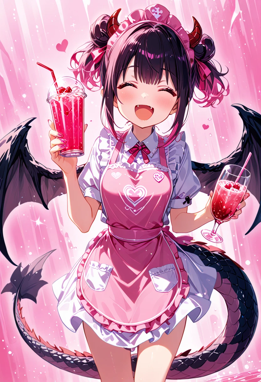 1girl ,apron, dragon tail, black wings, cute, happiness, open mouth, pink theme, funny, drink