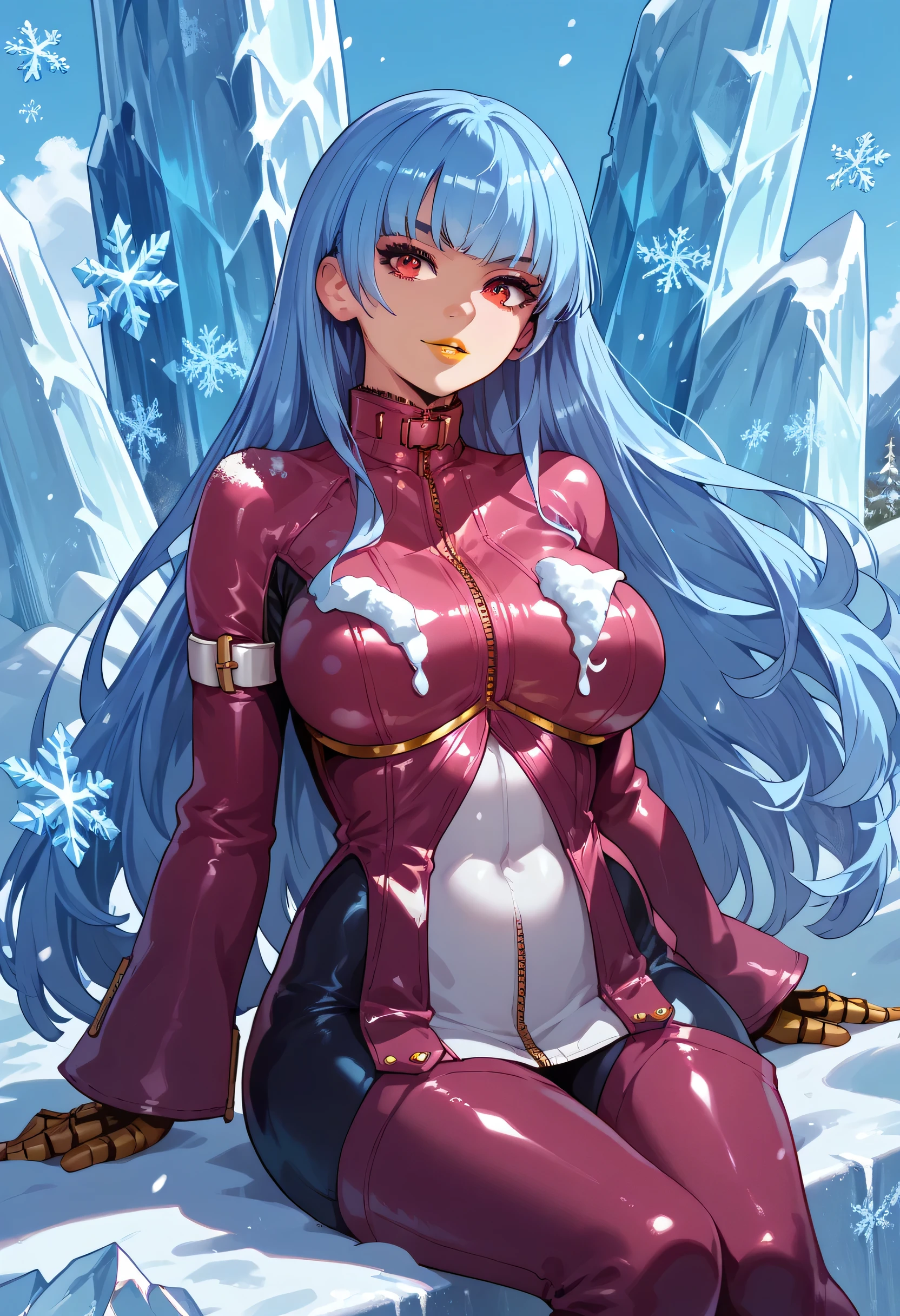 yellow lipstick, anime style, kula, wide hips, shiny skin, shiny hair, iceberg, snow, snowflakes, big breasts, sitting on an ice throne