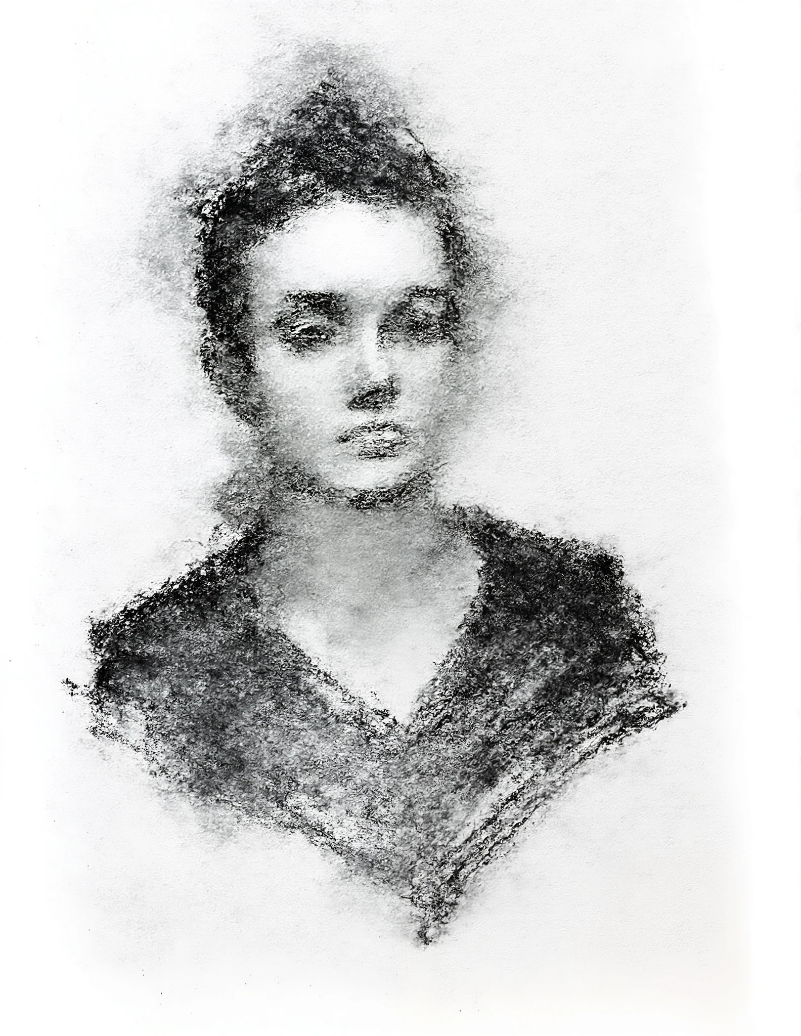 messy lardge smudge strokes, abstract style, charcoal portrait of a young woman, punk style, eyeliner, mohawk. Spiked collar. Visible attitude. charcoal smudges and artistic drawing details. Text in the center of the frame is stylized and drawn. The text reads "CHARCOAL"