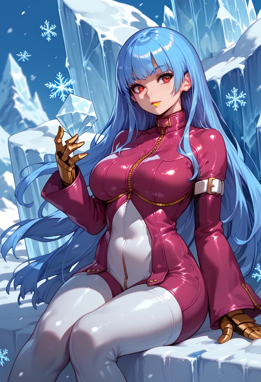 yellow lipstick, anime style, kula, wide hips, shiny skin, shiny hair, iceberg, snow, snowflakes, big breasts, sitting on an ice throne