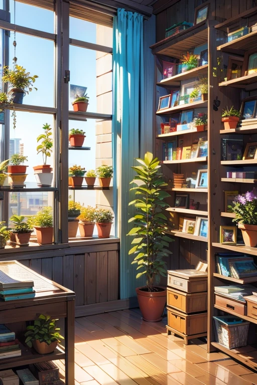 scenery, no humans, shelf, plant, window, book, potted plant, indoors, flower pot, box