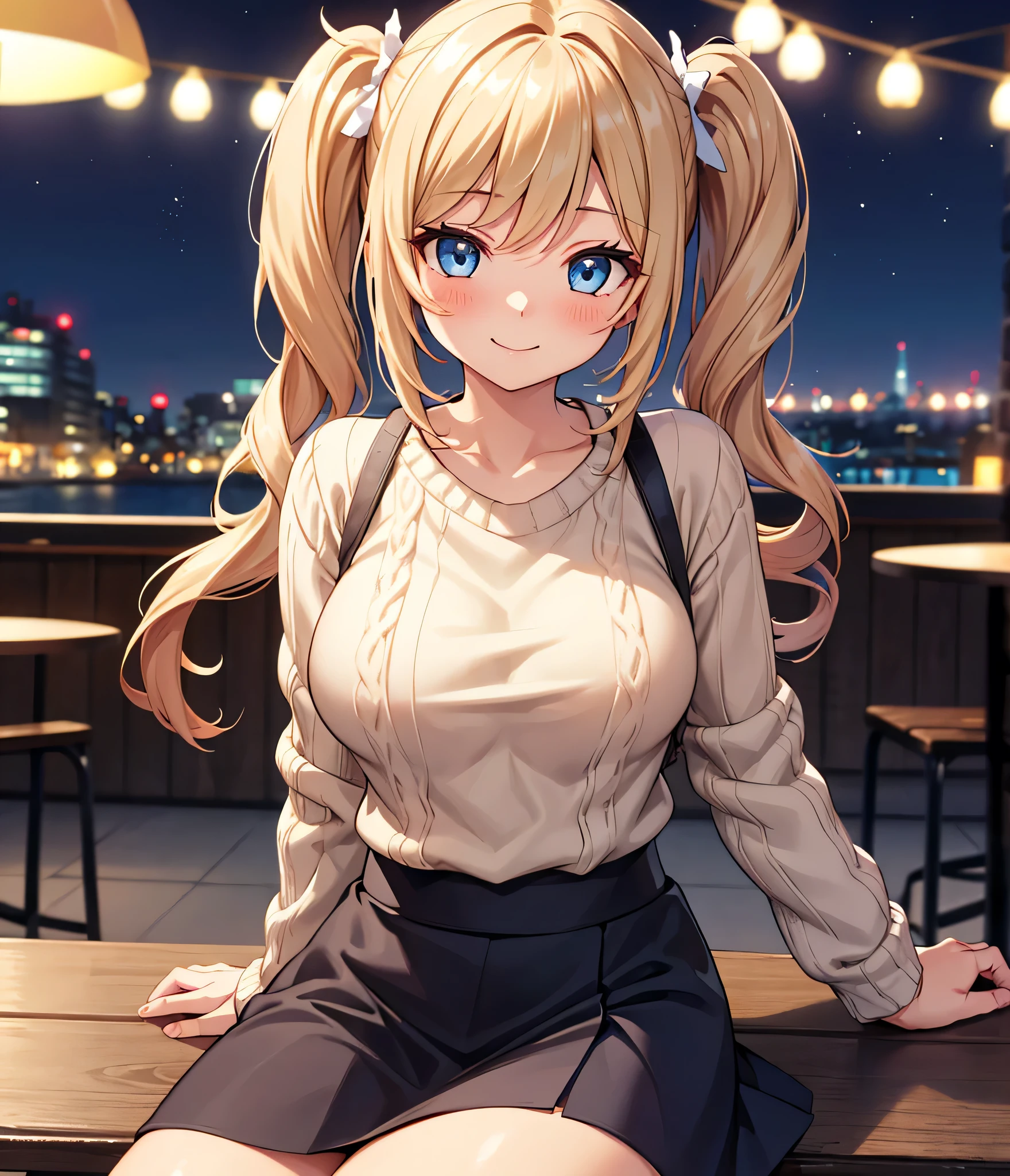 1 girl, Alone, high definition , long hair, Big Breasts , look , and blushing , smiles, blue eyes, Blonde, high definition , masterpiece, accurate, anatomically correct, won numerous awards, 最high quality, details, High details, high quality, quality, retina, very detailed, textured skin, Ultra High Definition, knitted sweater with coffee in hand, miniskirt, long boots, Cafe Background, night, Terrace seats, twin tails, Emphasize the upper body, 椅子に座る,