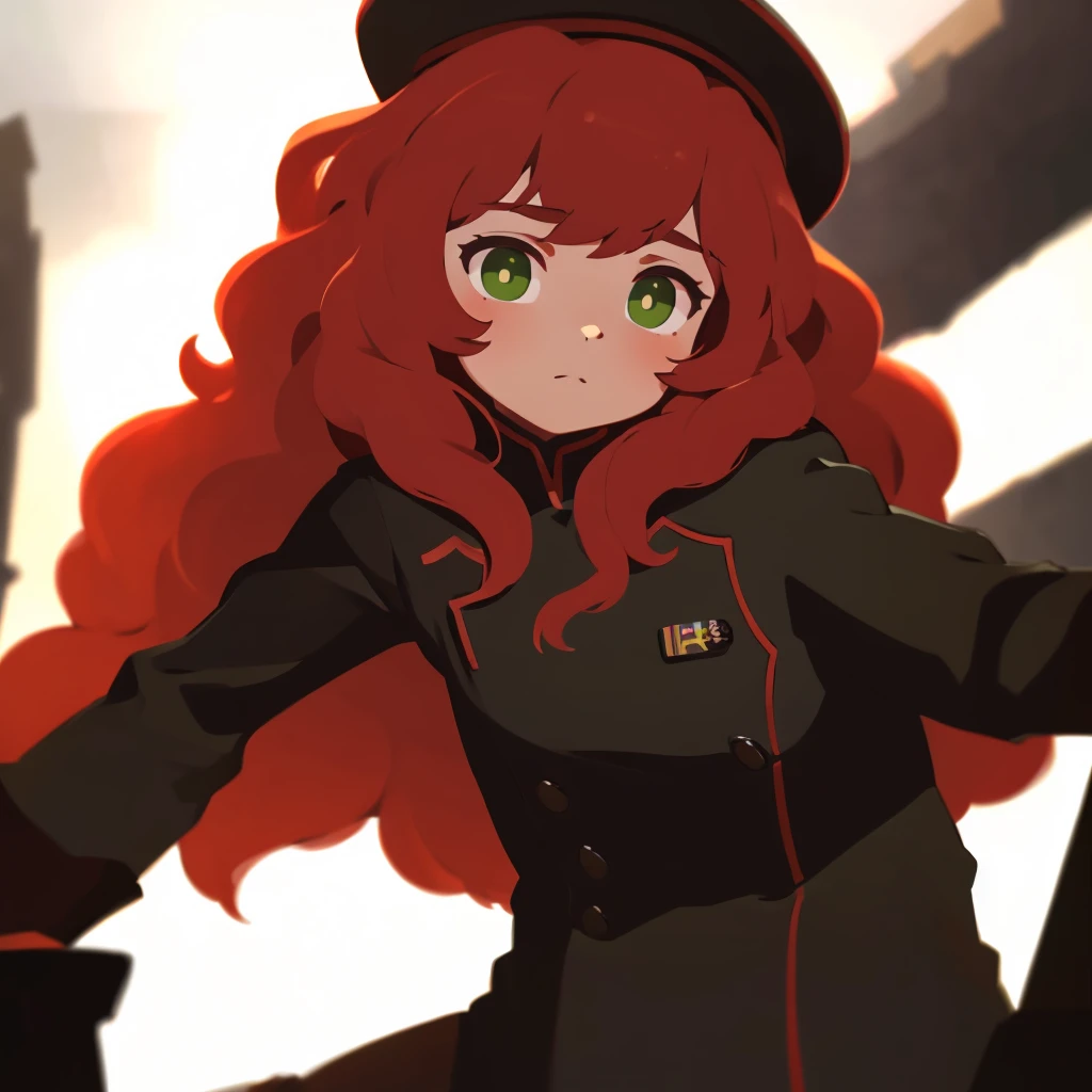 1girl, red hair, long hair, green eyes, black military uniform, german military uniform, highly detailed, photorealistic, hyper detailed, masterpiece, 8k, ultra-detailed, realistic, cinematic lighting, dramatic lighting, high contrast, rich colors, vibrant colors, atmospheric