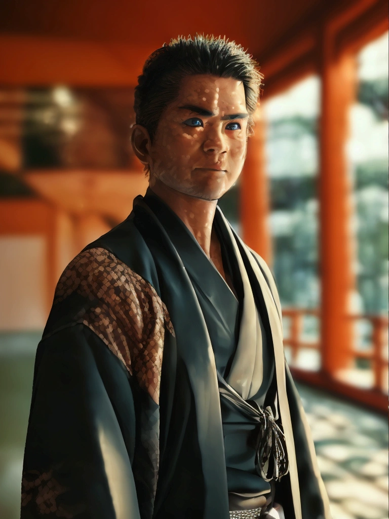 a muscular middle-aged man wearing only a fundoshi, standing in front of japanese shrine, highly detailed, realistic, photorealistic, portrait, dramatic lighting, chiaroscuro, hyper-detailed skin and muscle definition, powerful physique, intense gaze, studio lighting, octane render, 8k, cinematic, epic composition, dramatic shadows, ultra detailed, hyper realistic, digital art