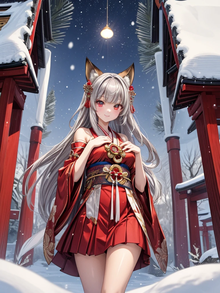 masterpiece,  top quality,(( one girl , slender )),Narrow treeshrees,perfect dark red eyes , ((Gray hair straight hair, princess cut, long hair on background)),((Luxurious shrine maiden costume, red skirt )), pale skin,smile,Shrine garden in winter when it's snowing ,I'm stopping and looking up at the sky,Fox Girl,I'm putting one hand on my chest